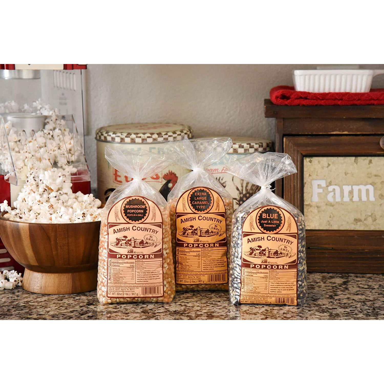 Amish Country Popcorn | 3-2 Lb Bags | 2 Lbs Mushroom - 2 Lbs Extra Large Caramel Type - 2 Lbs Blue Popcorn Kernels | Old Fashioned, Non-Gmo And Gluten Free (3-2 Lb Bags)