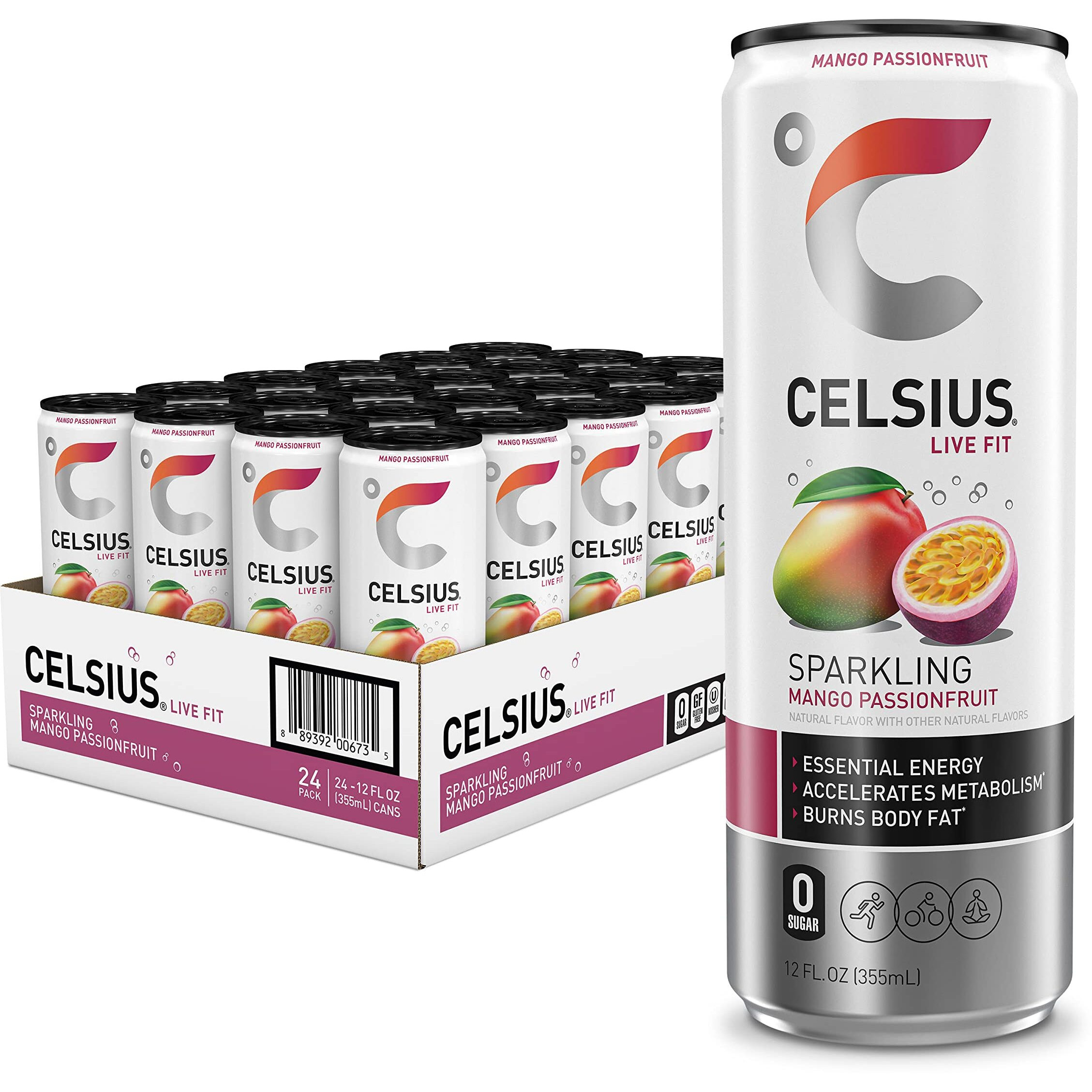 Celsius Sparkling Mango Passionfruit, Functional Essential Energy Drink, 12 Fl Oz (Pack Of 24)