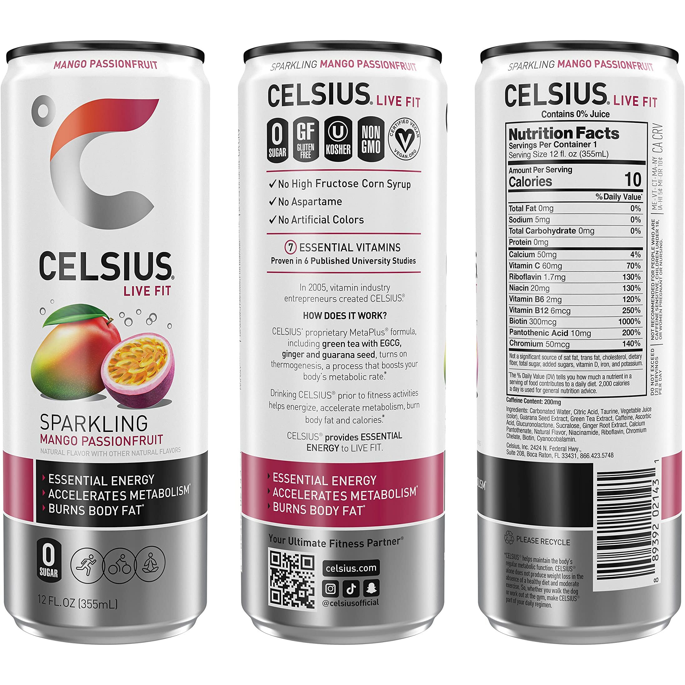 Celsius Sparkling Mango Passionfruit, Functional Essential Energy Drink, 12 Fl Oz (Pack Of 24)