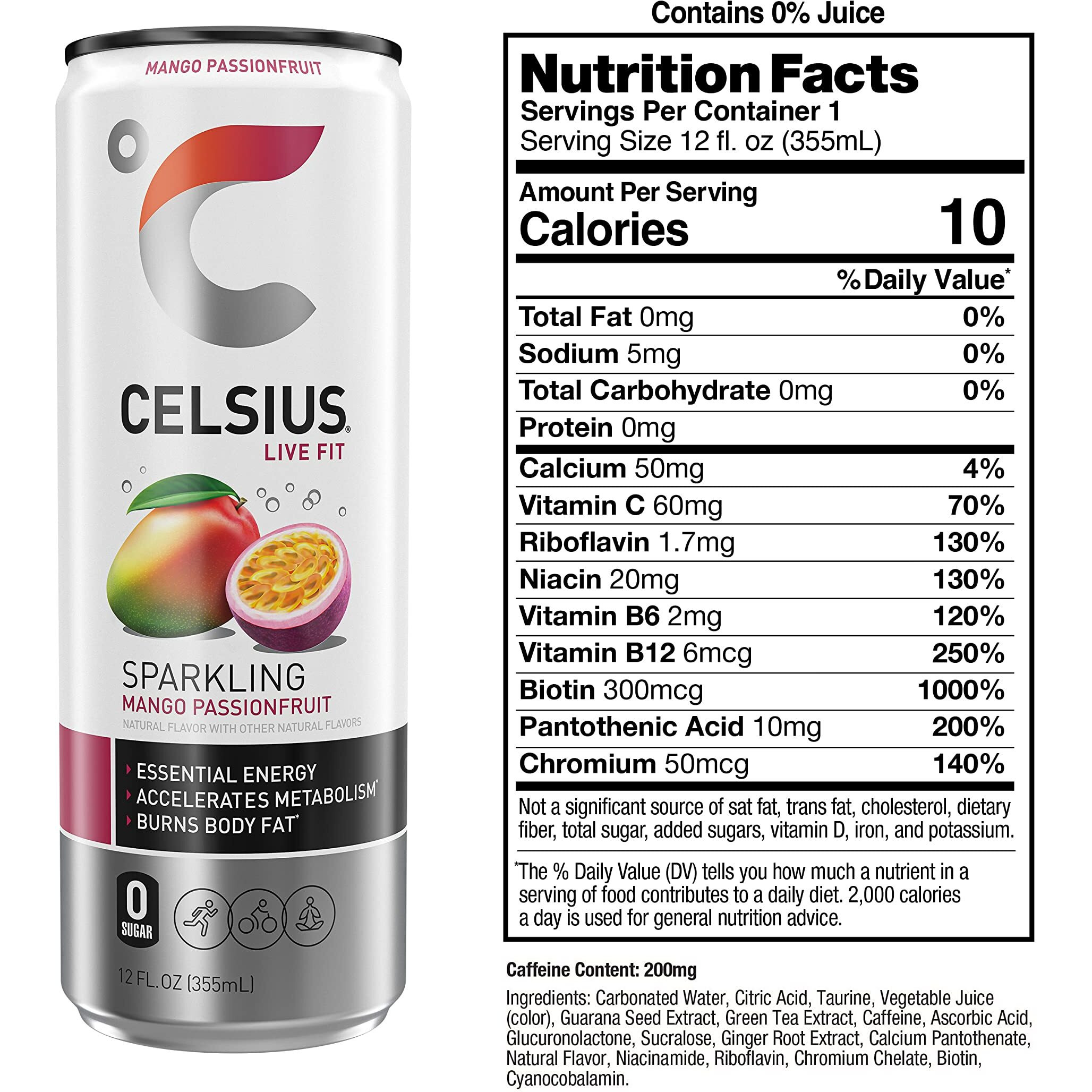 Celsius Sparkling Mango Passionfruit, Functional Essential Energy Drink, 12 Fl Oz (Pack Of 24)