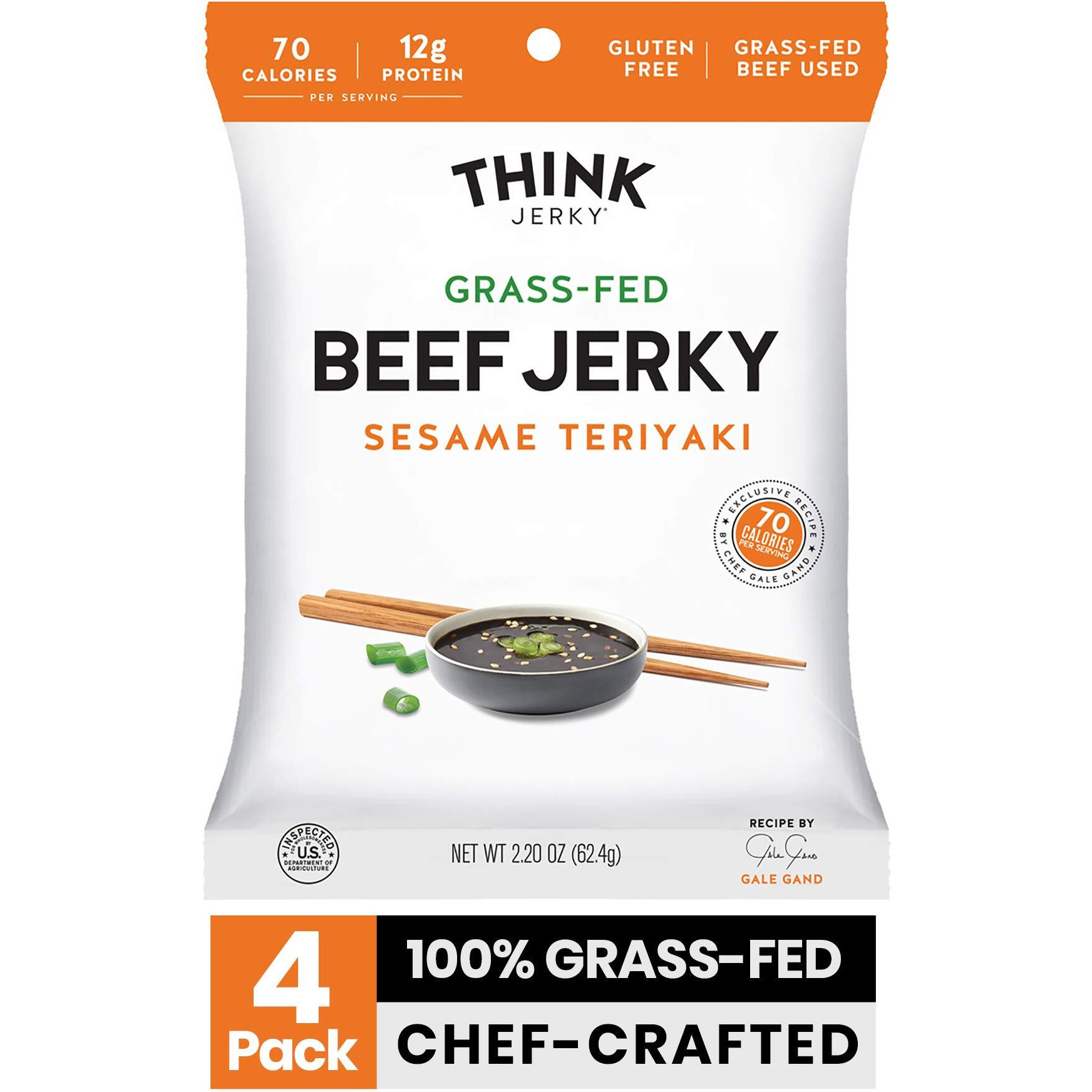 Think Jerky, Sesame Teriyaki Beef Jerky (2.2 Ounce Bags, Pack Of 4 Bags) - Delicious Chef Crafted Jerky, Grass-Fed Beef Jerky, Gluten Free, No Antibiotics Or Nitrates - Healthy Protein Snack, Low Calorie And Low Fat