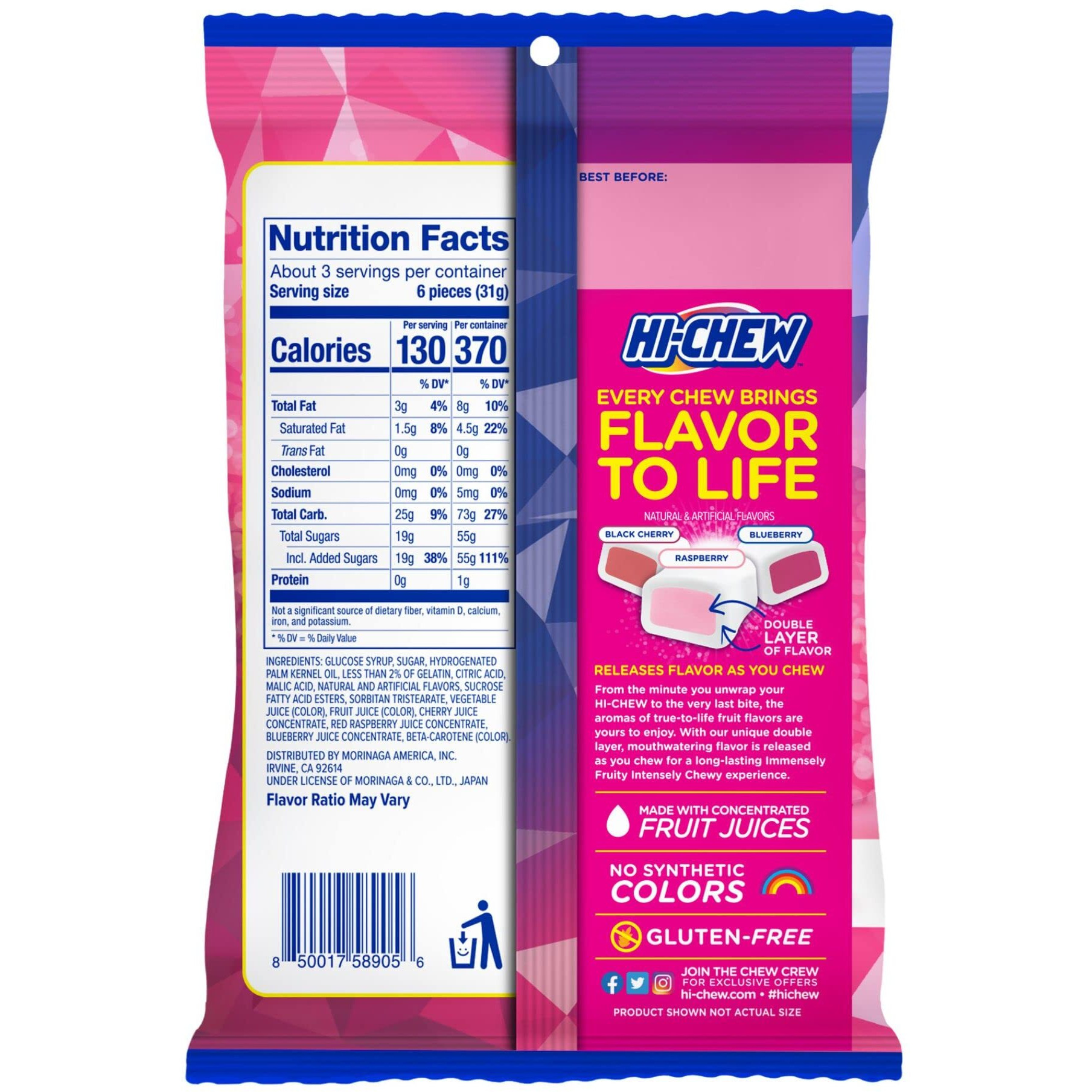 Hi-Chew Berry Mix, Pack Of 6 Bags, 3.17Oz Each | Blackberry Cherry Raspberry | Unique Fun Soft & Chewy Taffy Candy | Immensely Juicy Fruit Flavors | Individually Wrapped For Sharing