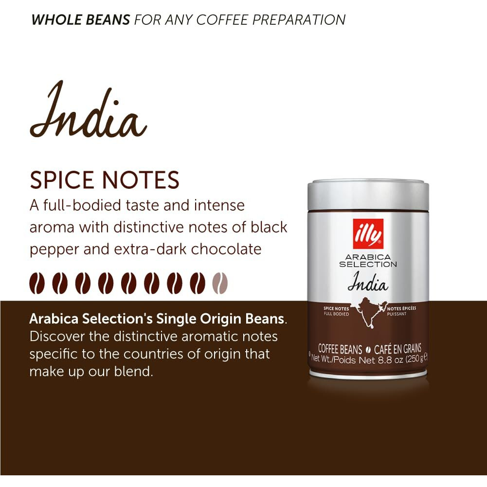 Illy Whole Bean Coffee - Perfectly Roasted Whole Coffee Beans - India Dark Roast - With Notes Of Black Pepper & Extra-Dark Chocolate - Full-Bodied - 100% Arabica Coffee - No Preservatives - 8.8 Ounce