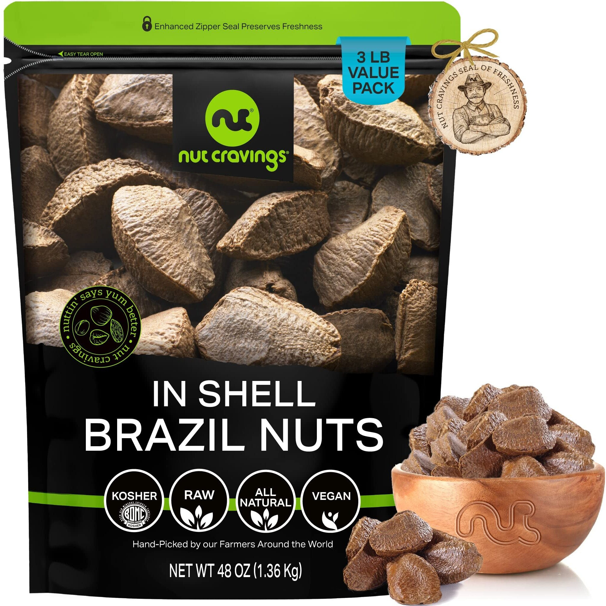 Nut Cravings - Raw Brazil Nuts In Shell - Whole, (48Oz - 3 Lb) Bulk Nuts Packed Fresh In Resealable Bag - Healthy Protein Food Snack, All Natural, Keto, Vegan, Kosher