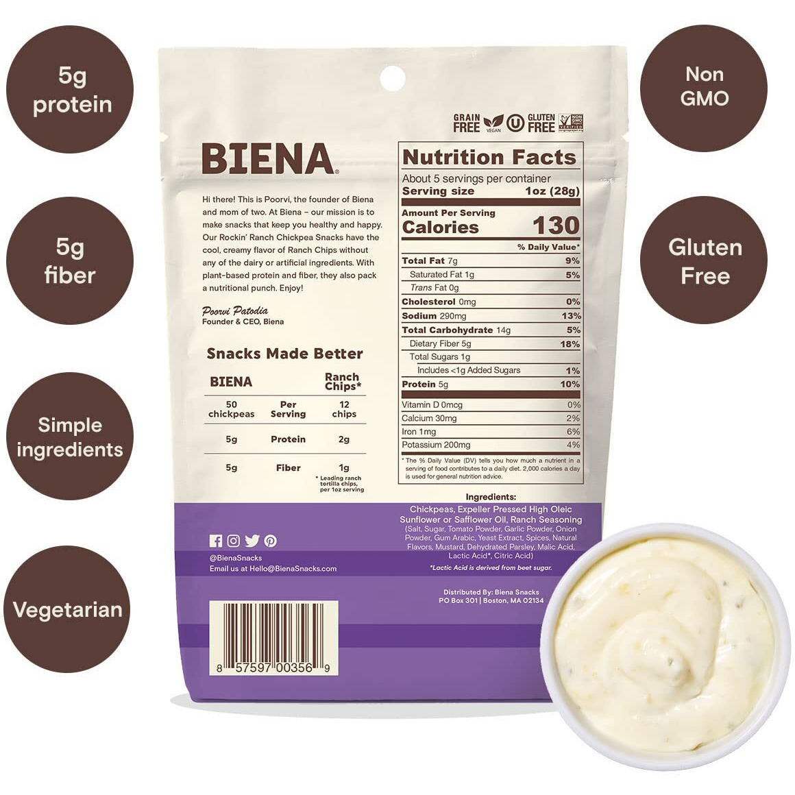 Biena Crispy Roasted Chickpea Snacks, Rockin Ranch, High Protein Snacks, High Fiber Snacks, Gluten Free, Plant-Based, Non-Gmo, Healthy Snacks For Adults And Kids, 8-Pack 5 Ounce Bags