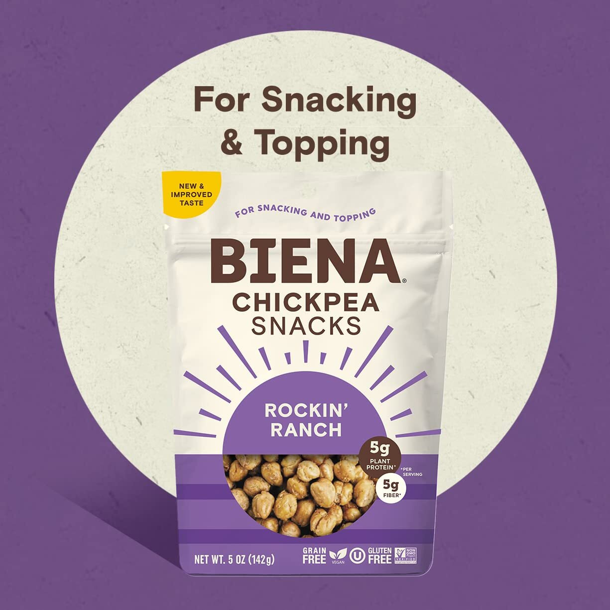 Biena Crispy Roasted Chickpea Snacks, Rockin Ranch, High Protein Snacks, High Fiber Snacks, Gluten Free, Plant-Based, Non-Gmo, Healthy Snacks For Adults And Kids, 8-Pack 5 Ounce Bags