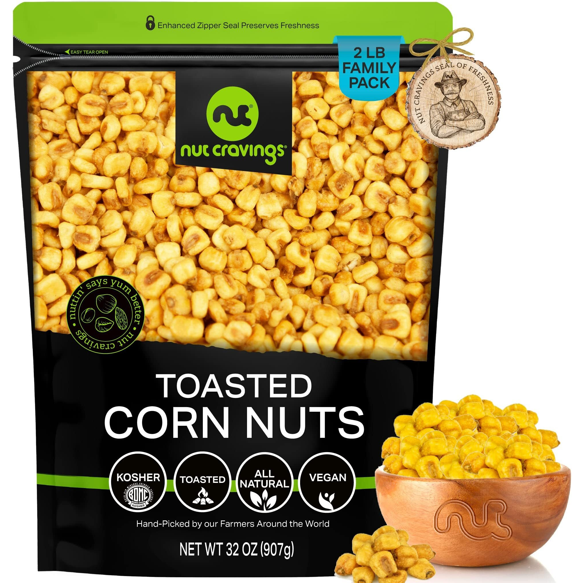 Nut Cravings - Toasted Corn Nuts, Roasted & Salted, Crunchy Kernels - Original Flavor (32Oz - 2 Lb) Packed Fresh In Resealable Bag - Healthy Snack, Protein Food, All Natural, Vegan, Kosher