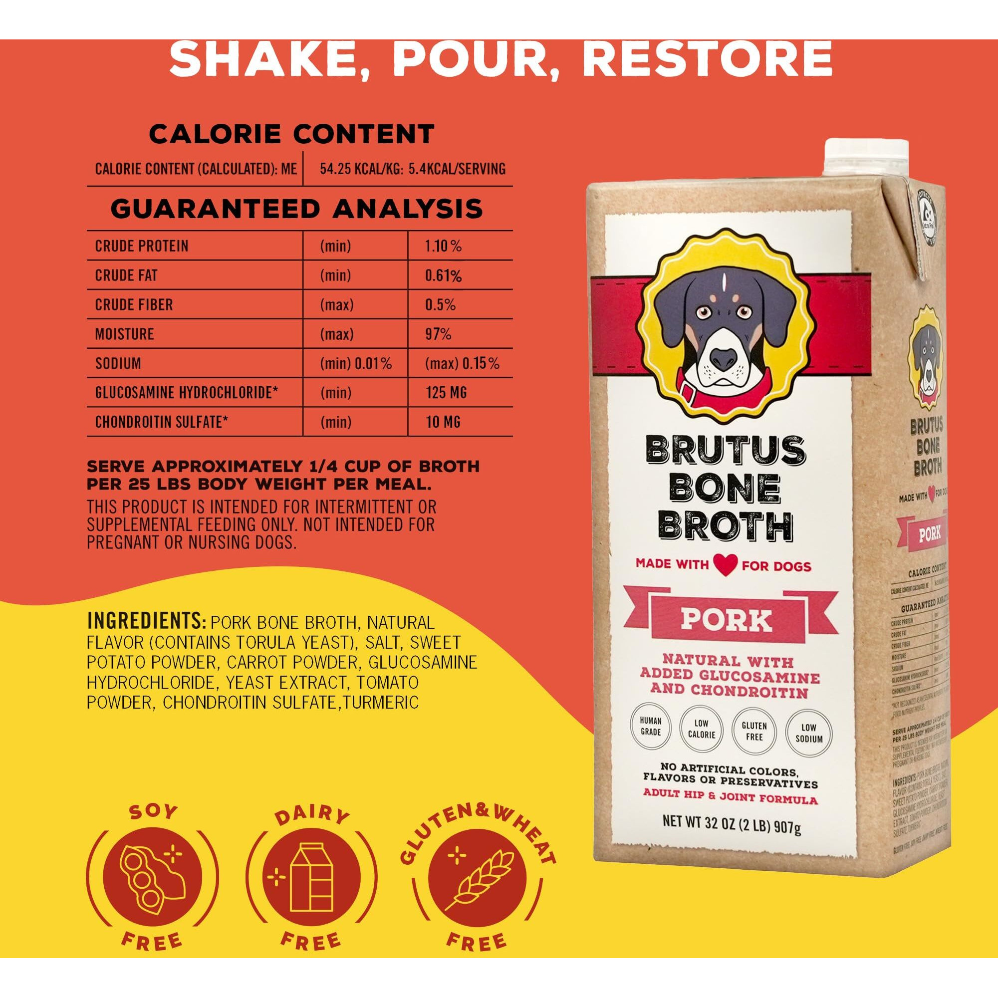 Brutus Bone Broth For Dogs | All Natural | Made In Usa | Glucosamine & Chondroitin For Healthy Joints | Human Grade Ingredients | Hydrating Dog Food Topper, Gravy & Treat (Pork)