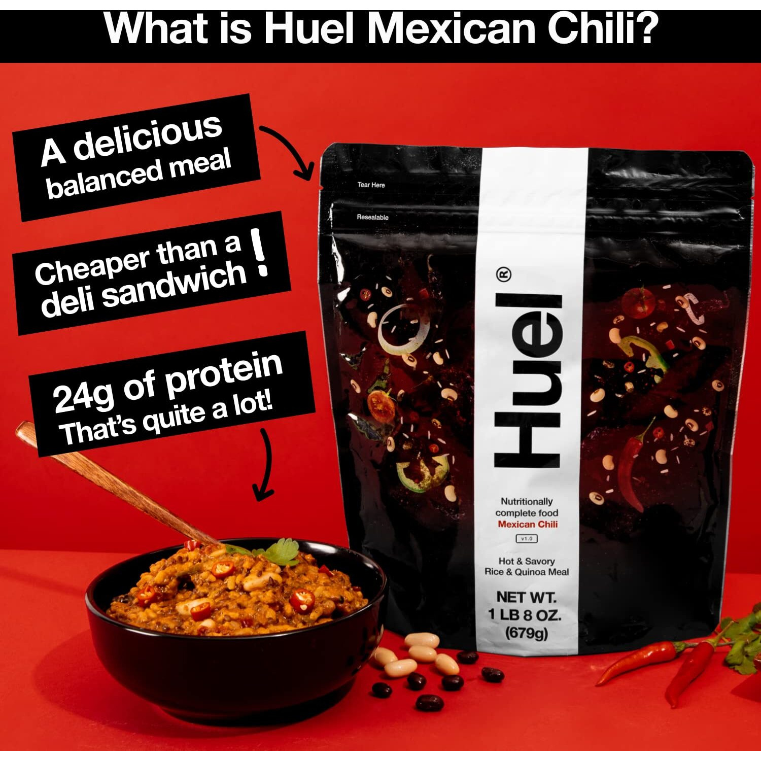 Huel Hot And Savory Instant Meal Replacement - Mexican Chili - 14 Scoops Packed With 100% Nutritionally Complete Food, Including 23G Of Protein, 14G Of Fiber, And 27 Vitamins And Minerals