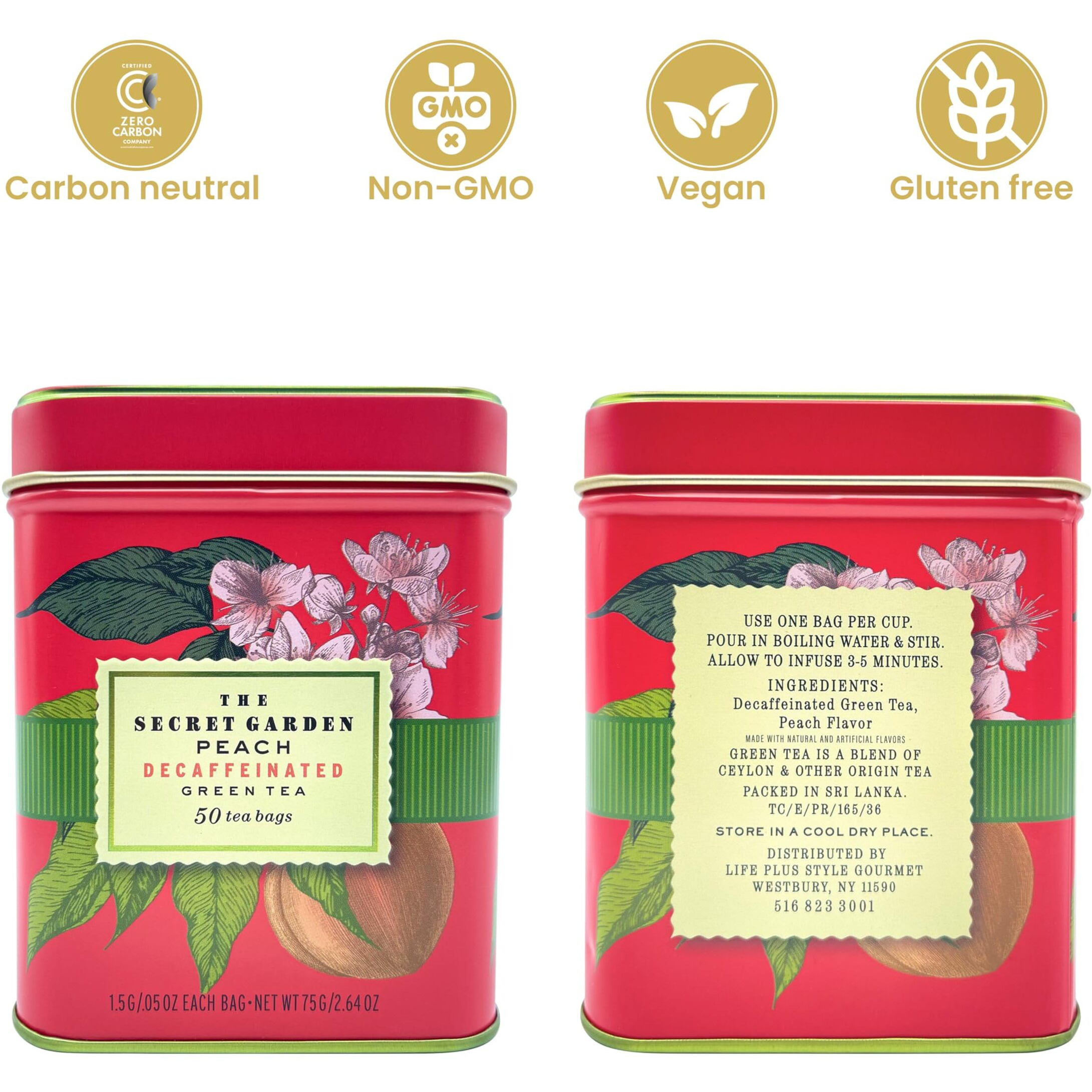 Premium Decaf Peach Herbal Green Tea Bags 50 Pack Designer Tin, Eco-Friendly, Sugar Free, Keto & Diabetic Friendly Full Bodied Aromatic Flavor Family Share Size Bulk Teabags (50-Count)