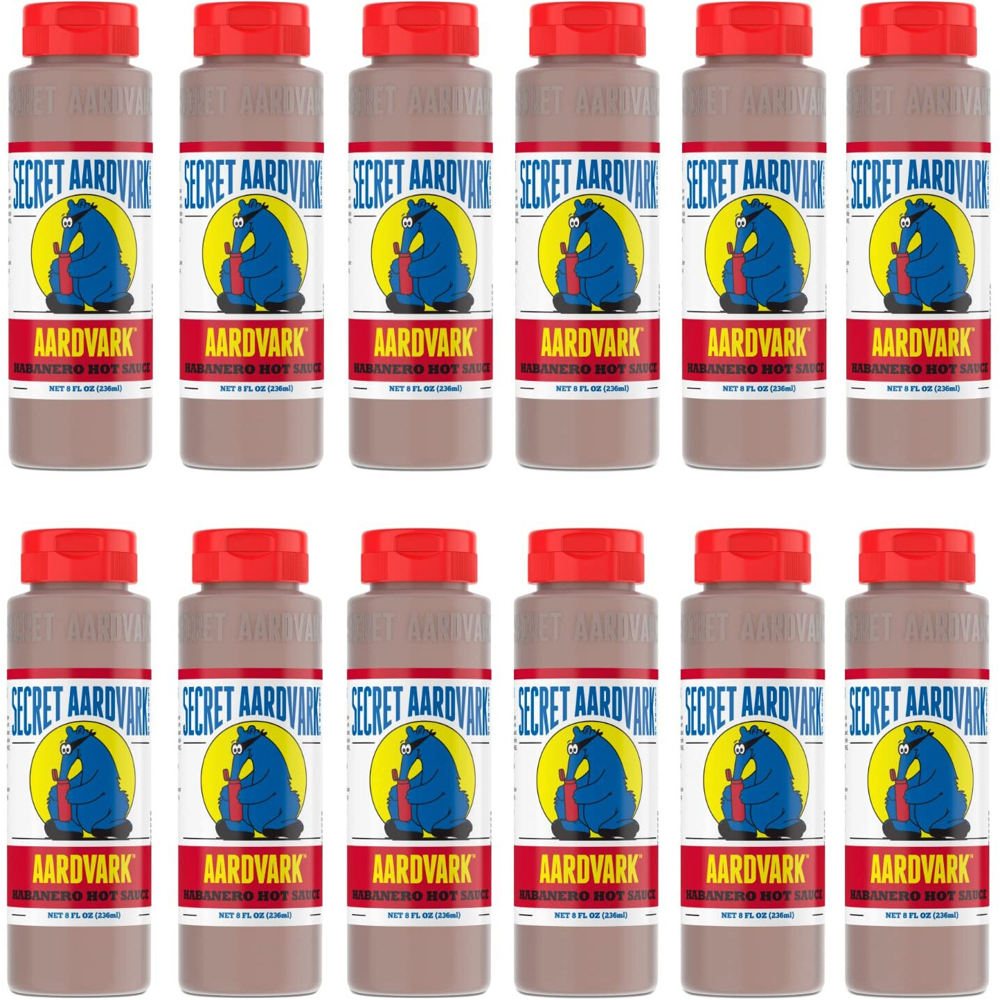 Secret Aardvark Habanero Hot Sauce - Habanero Peppers & Roasted Tomatoes, Medium Spiced Hot Sauce, Bbq Sauce, Non-Gmo, Low Sugar, Low Carb, Gluten-Free Hot Sauce & Marinade - 8 Fl Oz 12 Pack