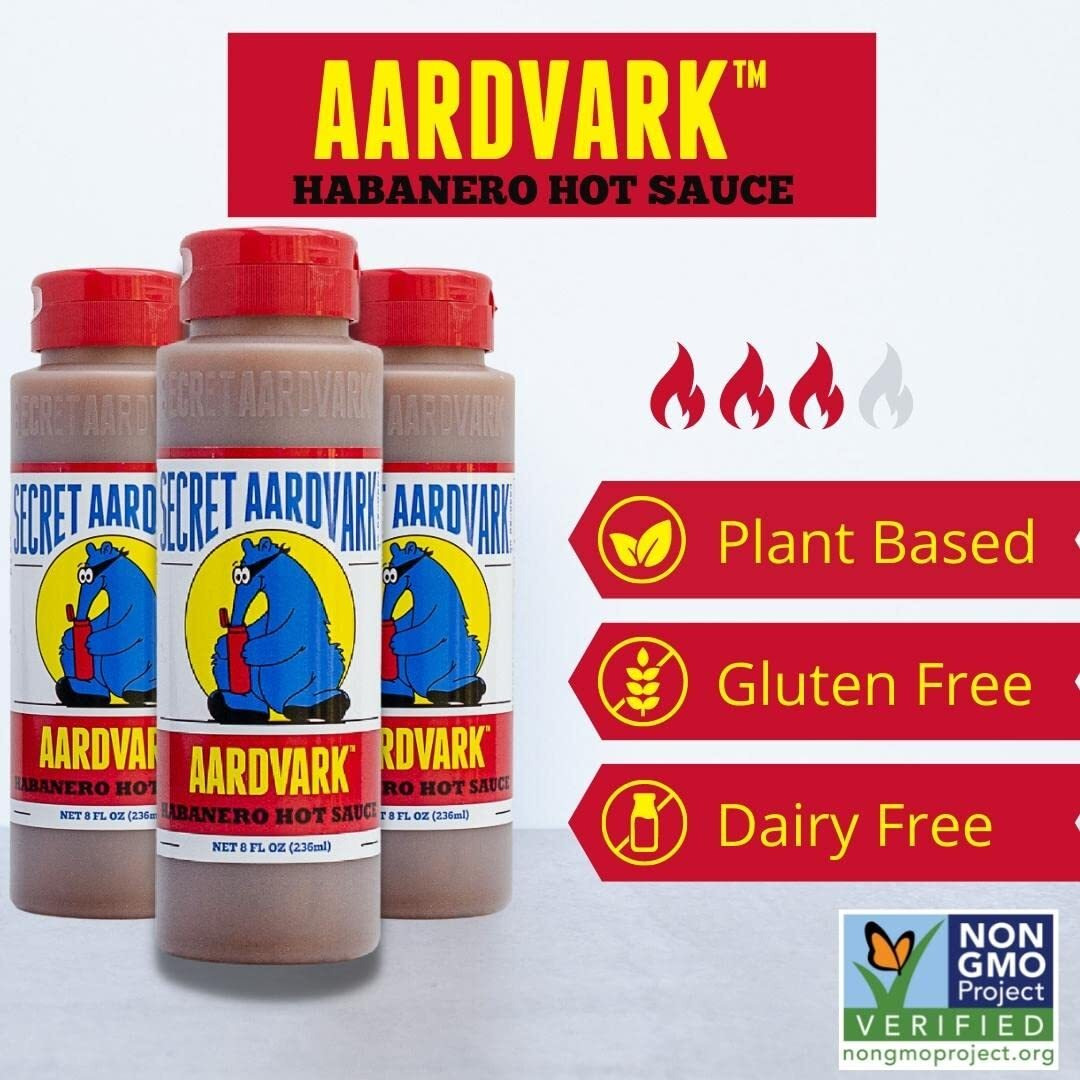 Secret Aardvark Habanero Hot Sauce - Habanero Peppers & Roasted Tomatoes, Medium Spiced Hot Sauce, Bbq Sauce, Non-Gmo, Low Sugar, Low Carb, Gluten-Free Hot Sauce & Marinade - 8 Fl Oz 12 Pack