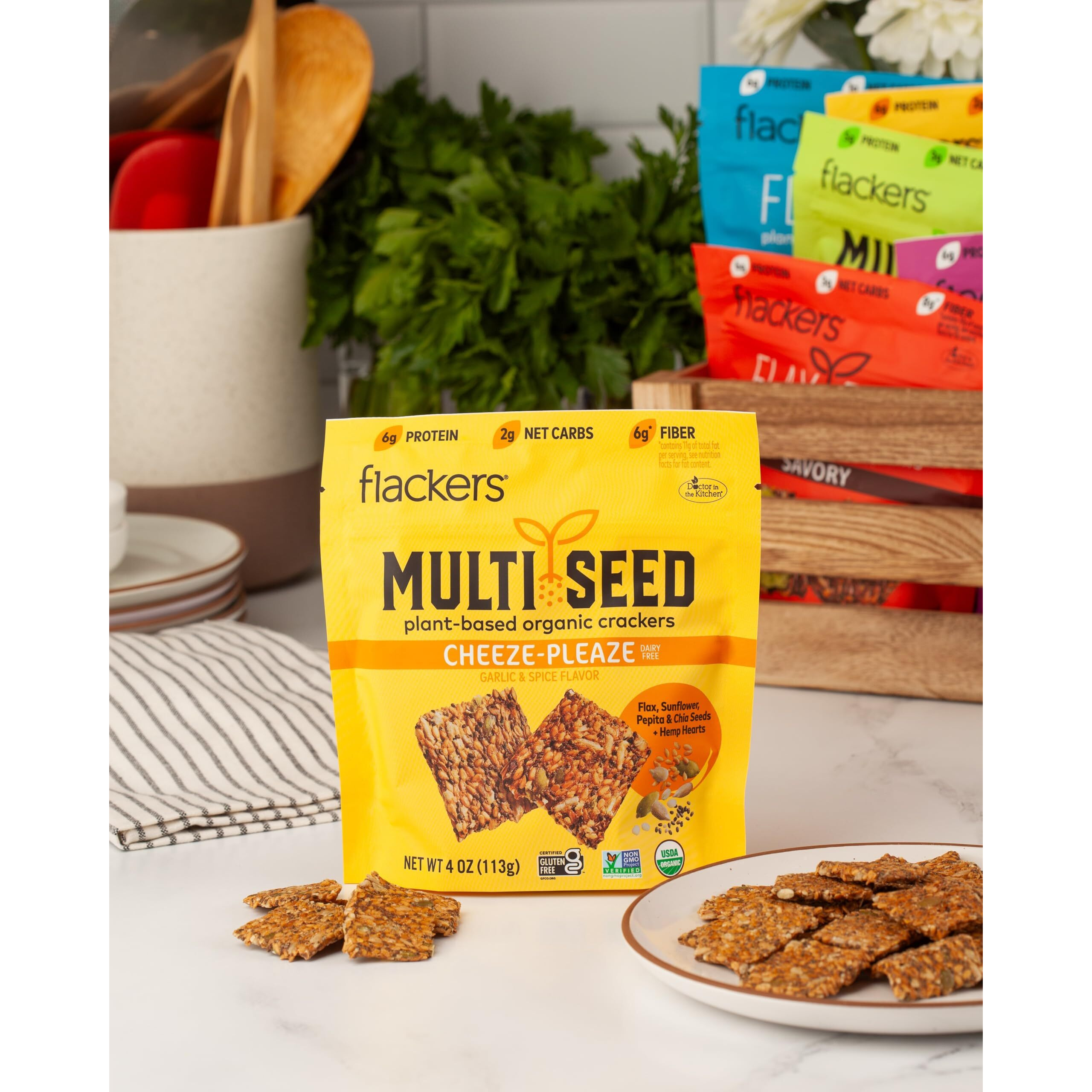 Flackers Organic Cheeze-Pleaze Multi-Seed Crackers, 4 Ounce 1-Pack, Gluten Free, Non Gmo, Vegan, Keto Snack, 6G Protein, 6G Fiber, 2G Net Carbs