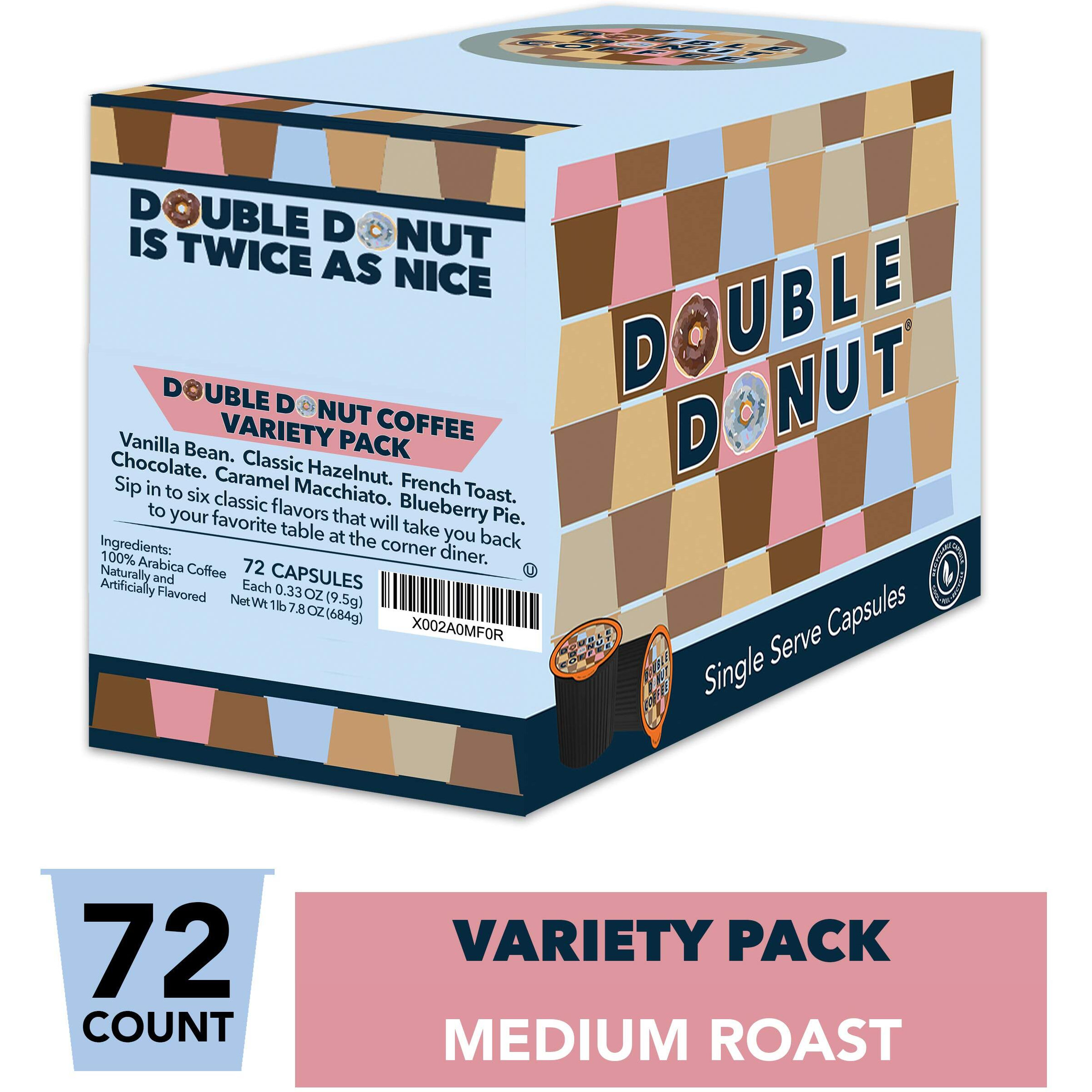 Double Donut Flavored Coffee Variety Pack, Flavored Coffee Pods, Including Hazelnut, Caramel, Chocolate Coffee & More, Single Serve Coffee For Keurig K Cups Machines, 72 Count