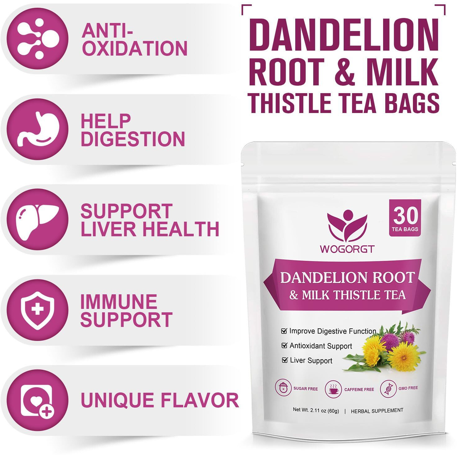 Dried Dandelion Root With Milk Thistle Tea - Natural Dandelion Root And Milk Thistle Herbal Tea Bags For Liver Cleanse, Antioxidant And Immune Support, Caffeine Free - 30 Tea Bags