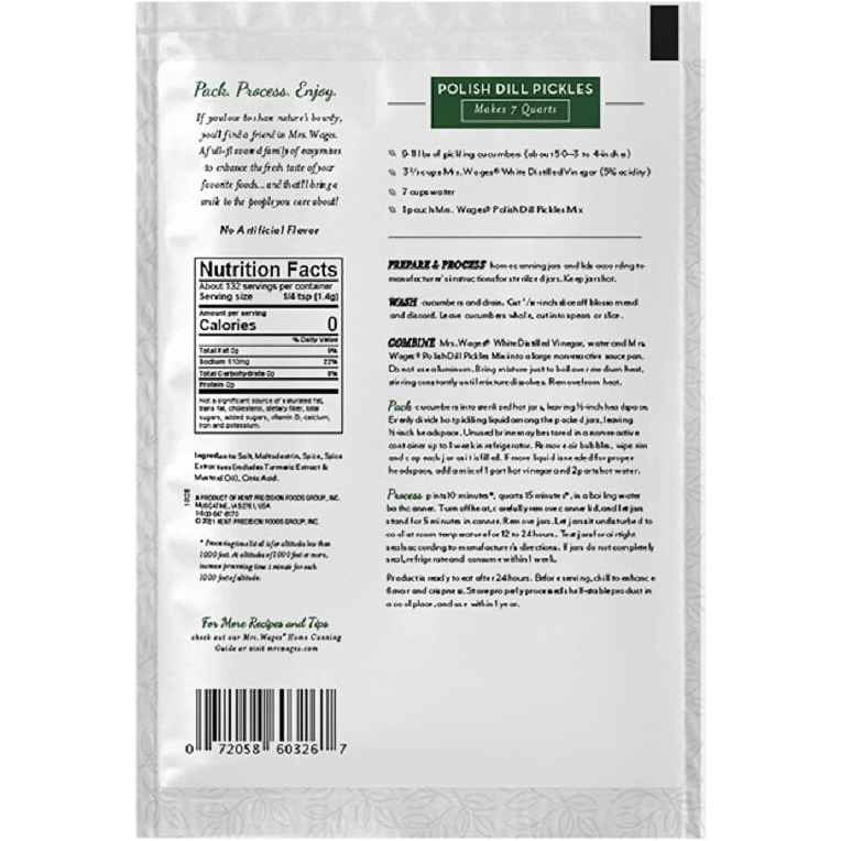 Mrs. Wages Polish Dill Pickles Quick Process Mix, Quick And Easy, Simple-To-Use, Simple Homemade Pickles, Traditional Pickle Flavoring, 6.5 Oz Packet (Value Pack Of 6)