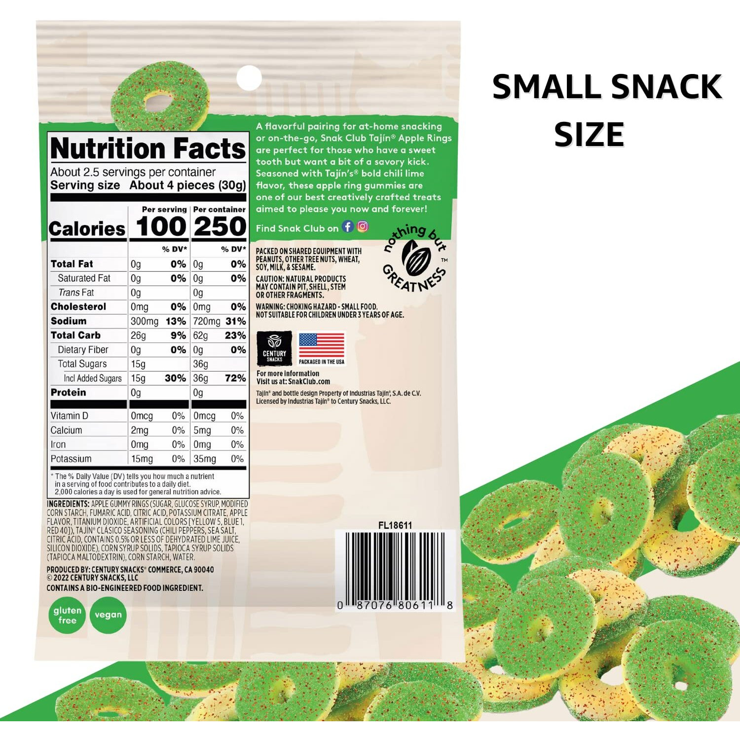 Snak Club Tajin Apple Rings, Sweet & Tasty Gummy Snacks, 2.5Oz Snack Size, 12 Count