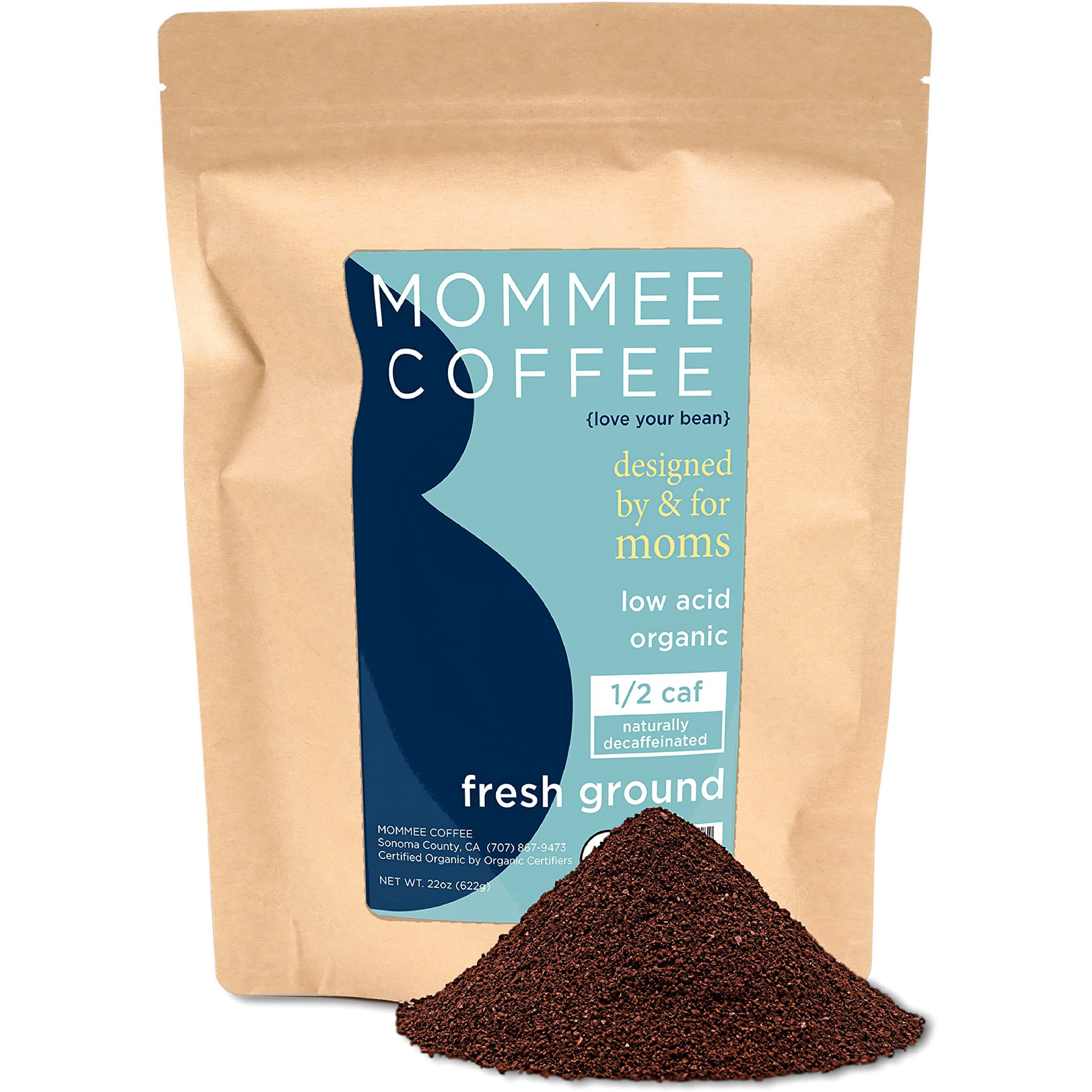 Mommee Coffee - Half Caf | Low Acid, Organic, Fair Trade, Water Processed | Ground, 22 Oz.