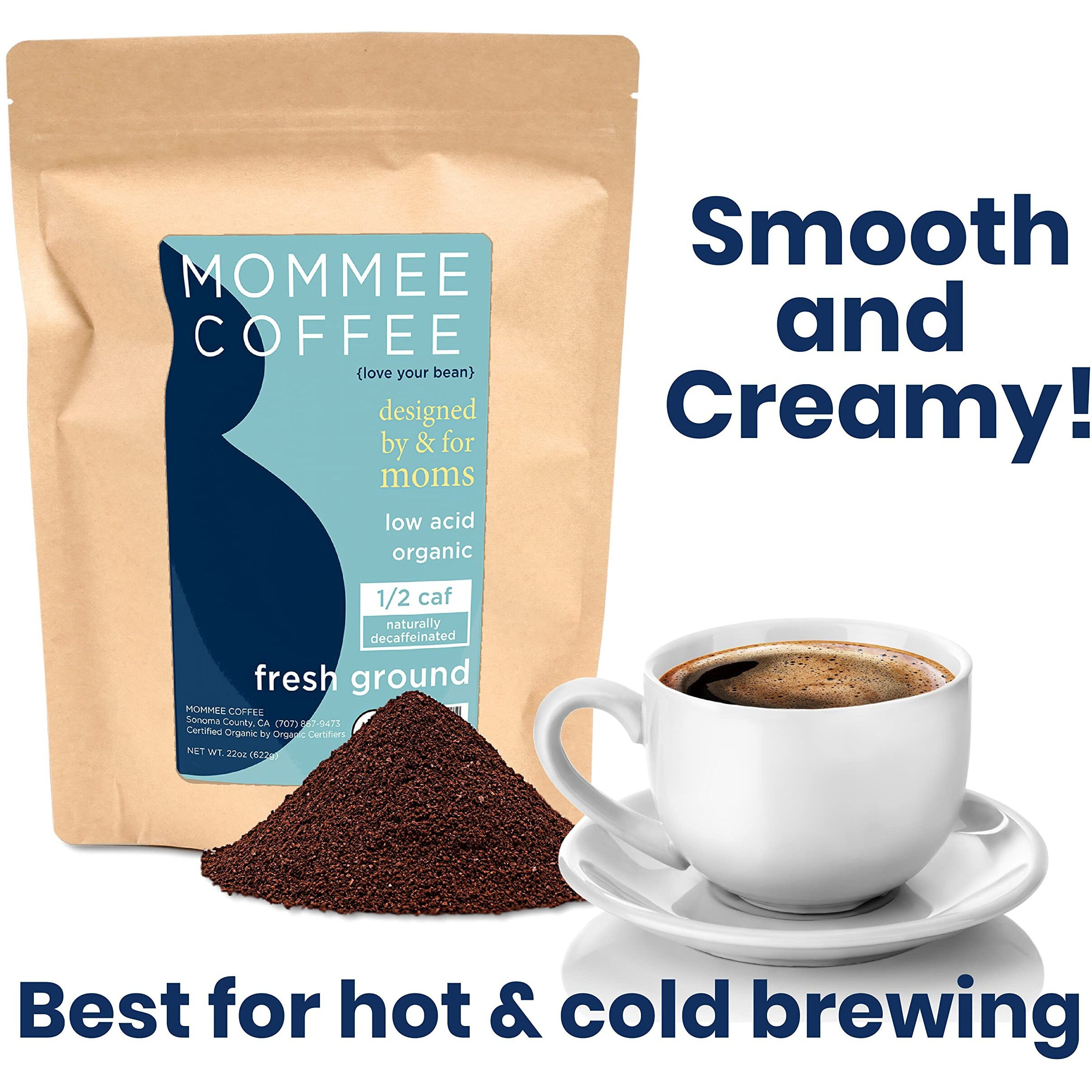 Mommee Coffee - Half Caf | Low Acid, Organic, Fair Trade, Water Processed | Ground, 22 Oz.