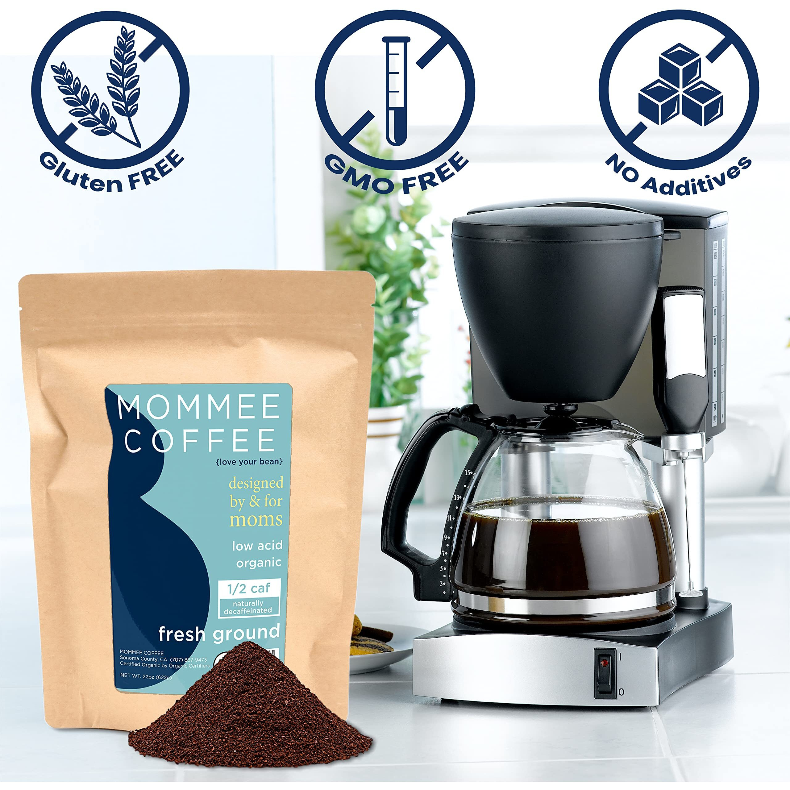 Mommee Coffee - Half Caf | Low Acid, Organic, Fair Trade, Water Processed | Ground, 22 Oz.
