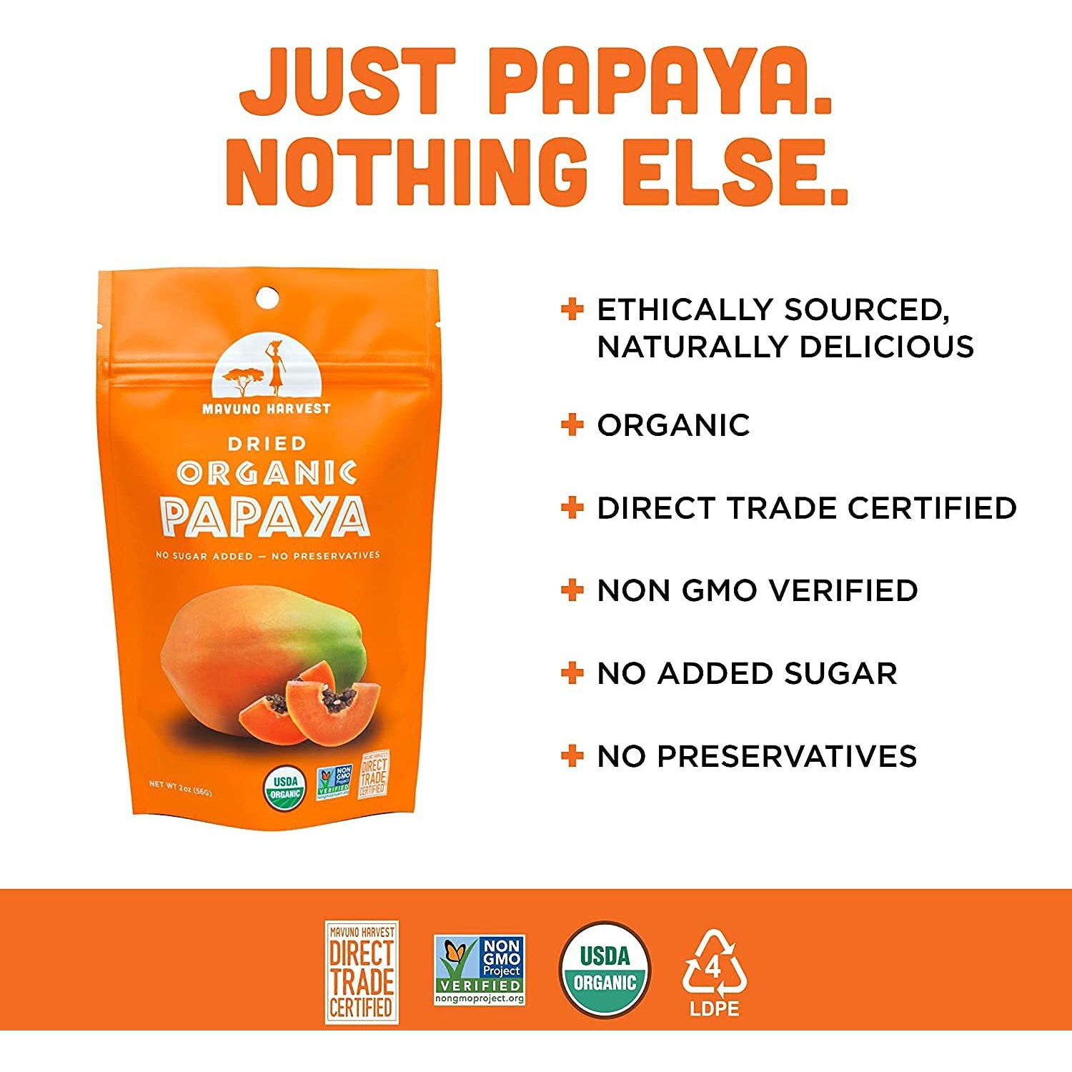 Mavuno Harvest Papaya Dried Fruit Snacks | Organic Dried Papaya Slices | Gluten Free Healthy Snacks For Kids And Adults | No Sugar Added, Vegan, Non Gmo, Direct Trade | 2 Ounce, Pack Of 6