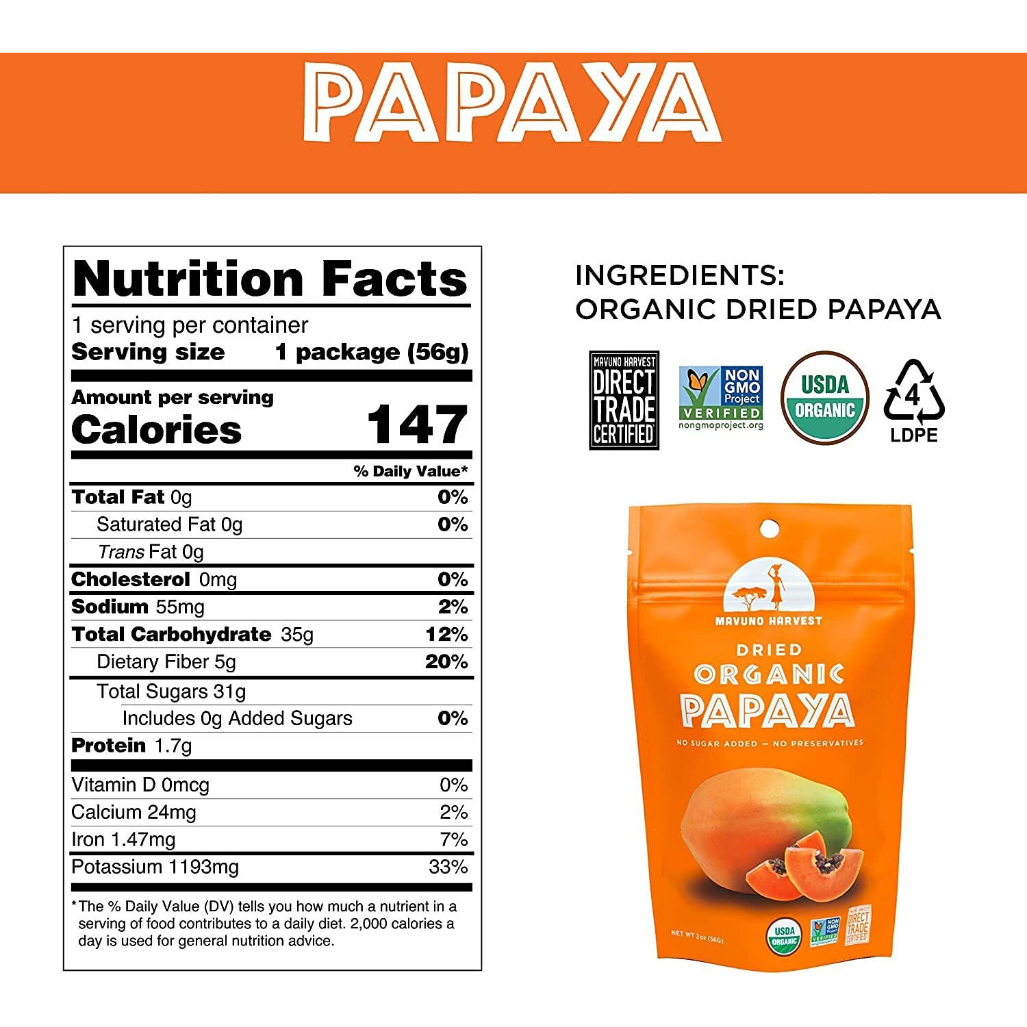 Mavuno Harvest Papaya Dried Fruit Snacks | Organic Dried Papaya Slices | Gluten Free Healthy Snacks For Kids And Adults | No Sugar Added, Vegan, Non Gmo, Direct Trade | 2 Ounce, Pack Of 6