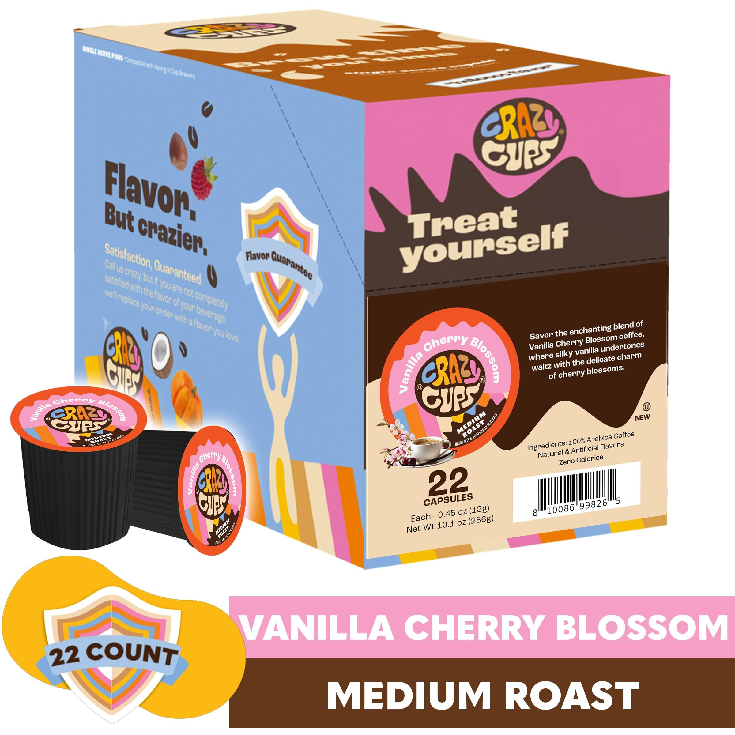Crazy Cup Vanilla Coffee Pods, Vanilla Cherry Blossom Coffee Pods For K Cup Keurig Machines, Brew Hot Or Iced, 22 Count