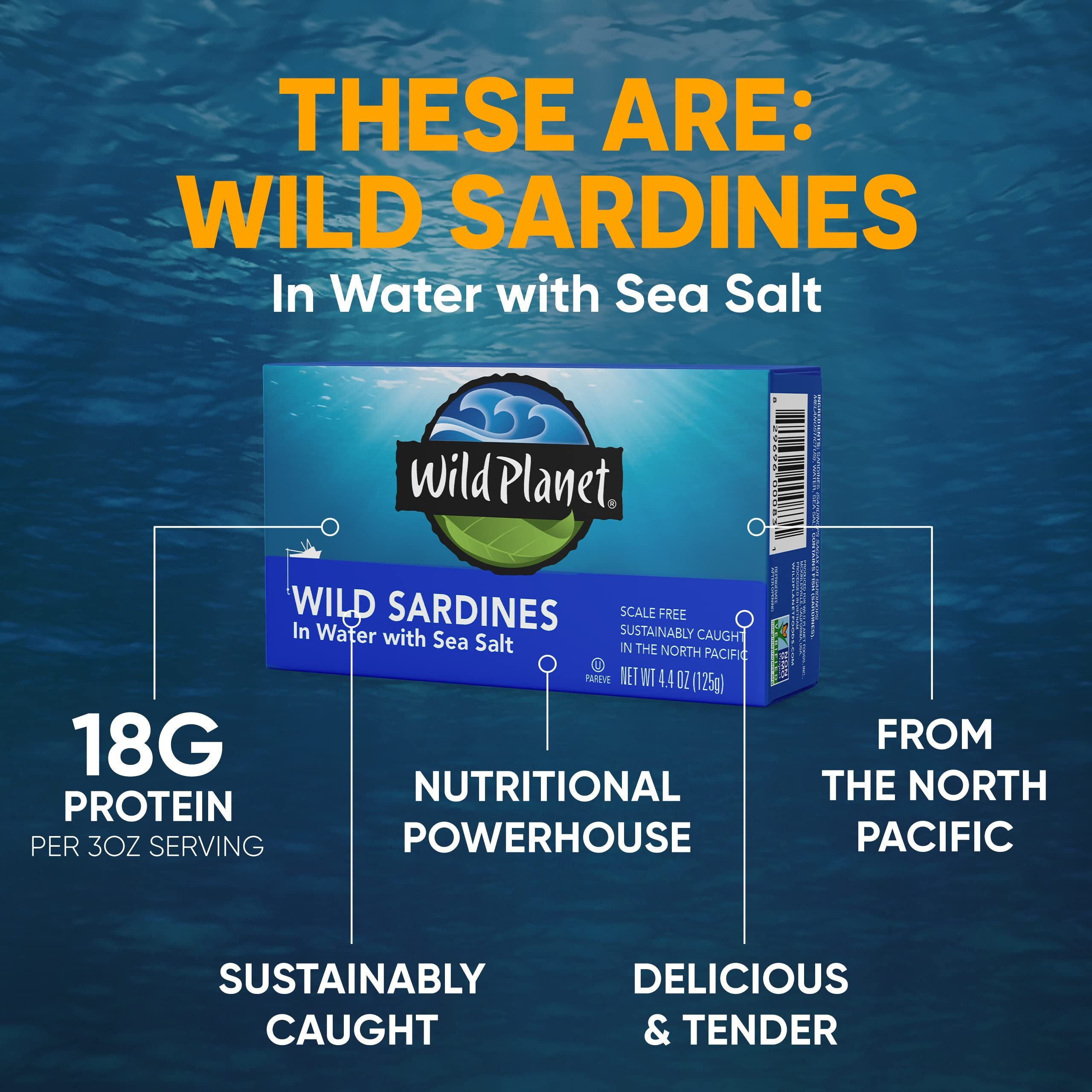 Wild Planet Sardines In Water Lightly Smoked With Sea Salt, Nutritional Powerhouses Packed With Flavor, 4.4 Ounce (Pack Of 6)