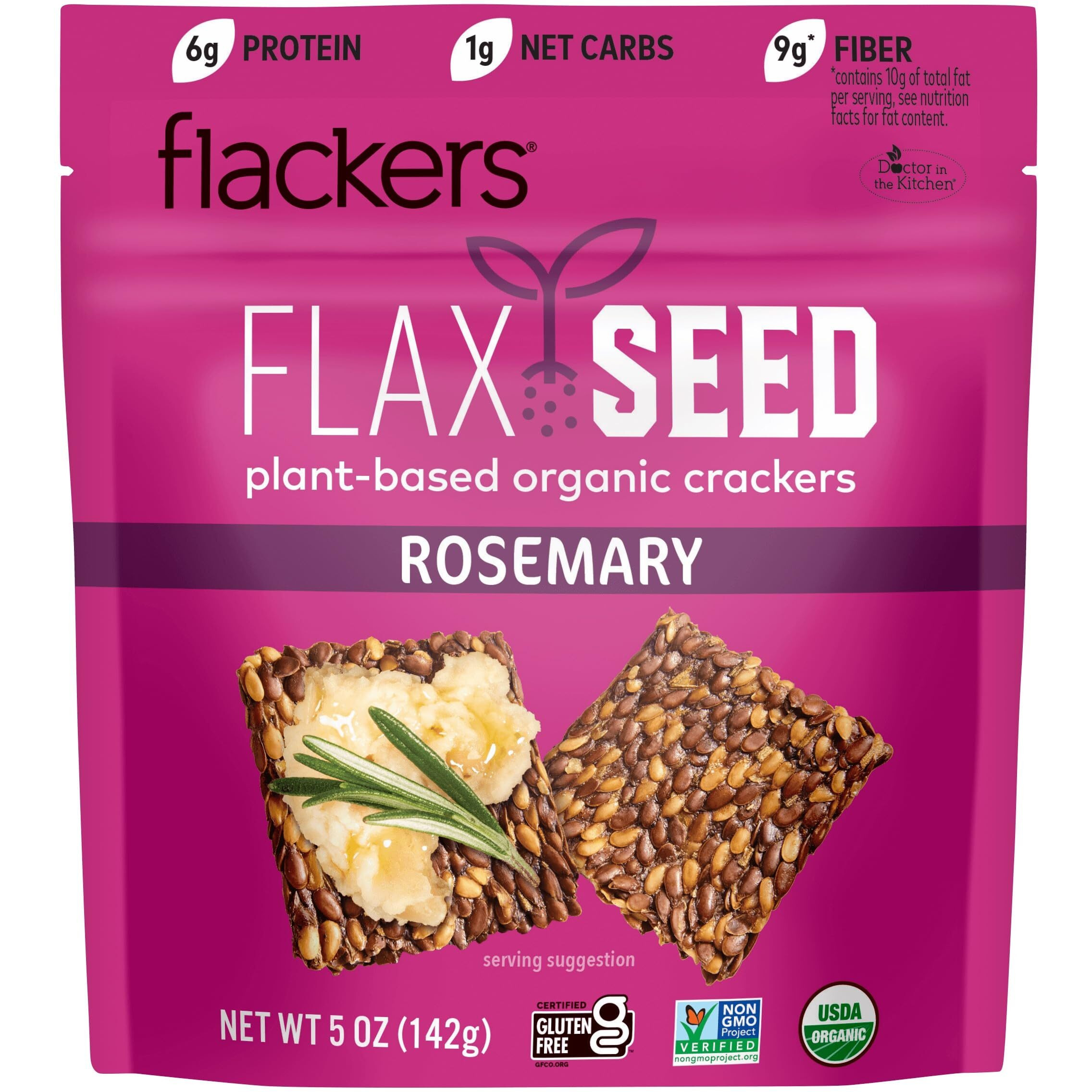 Flackers Organic Rosemary Flaxseed Crackers, Gluten Free, Non Gmo, Vegan, Keto Snack, 9 Grams Fiber, 1 Net Carb,5 Ounce 6-Pack