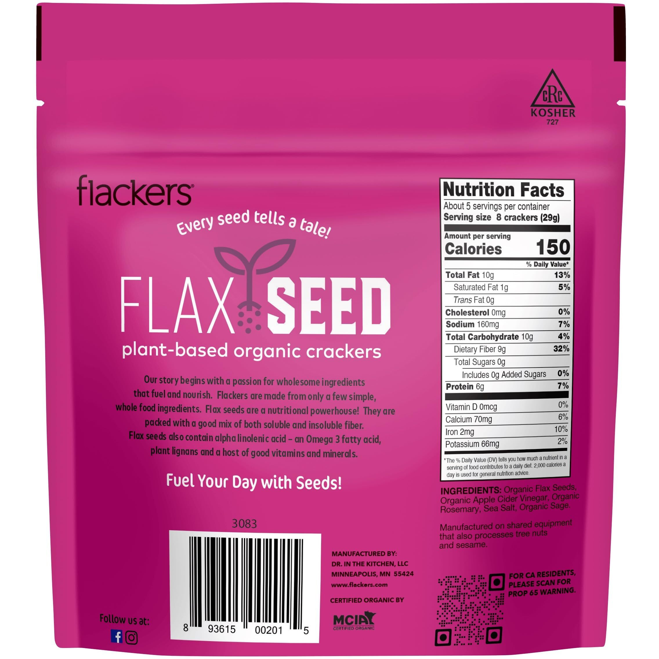 Flackers Organic Rosemary Flaxseed Crackers, Gluten Free, Non Gmo, Vegan, Keto Snack, 9 Grams Fiber, 1 Net Carb,5 Ounce 6-Pack