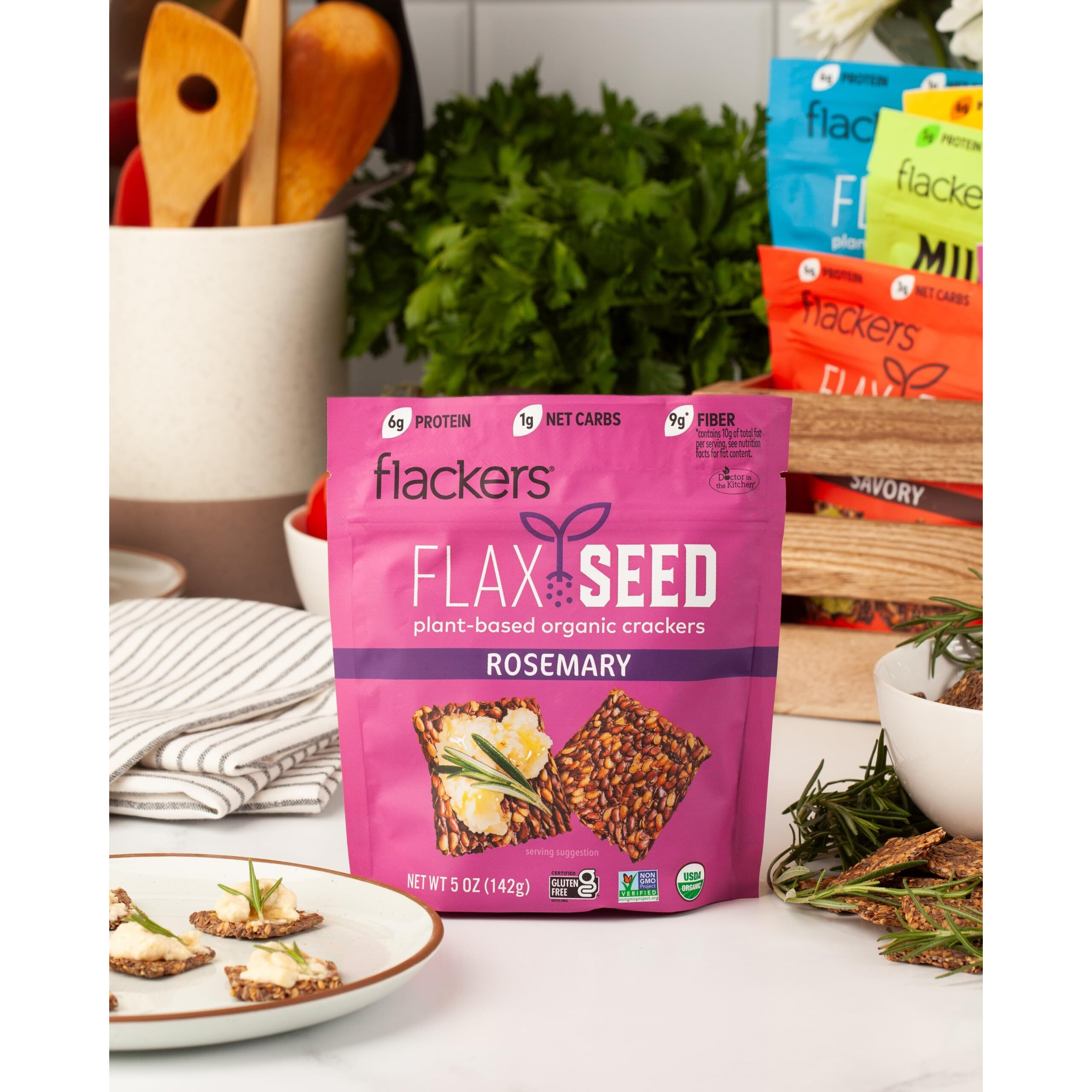 Flackers Organic Rosemary Flaxseed Crackers, Gluten Free, Non Gmo, Vegan, Keto Snack, 9 Grams Fiber, 1 Net Carb,5 Ounce 6-Pack