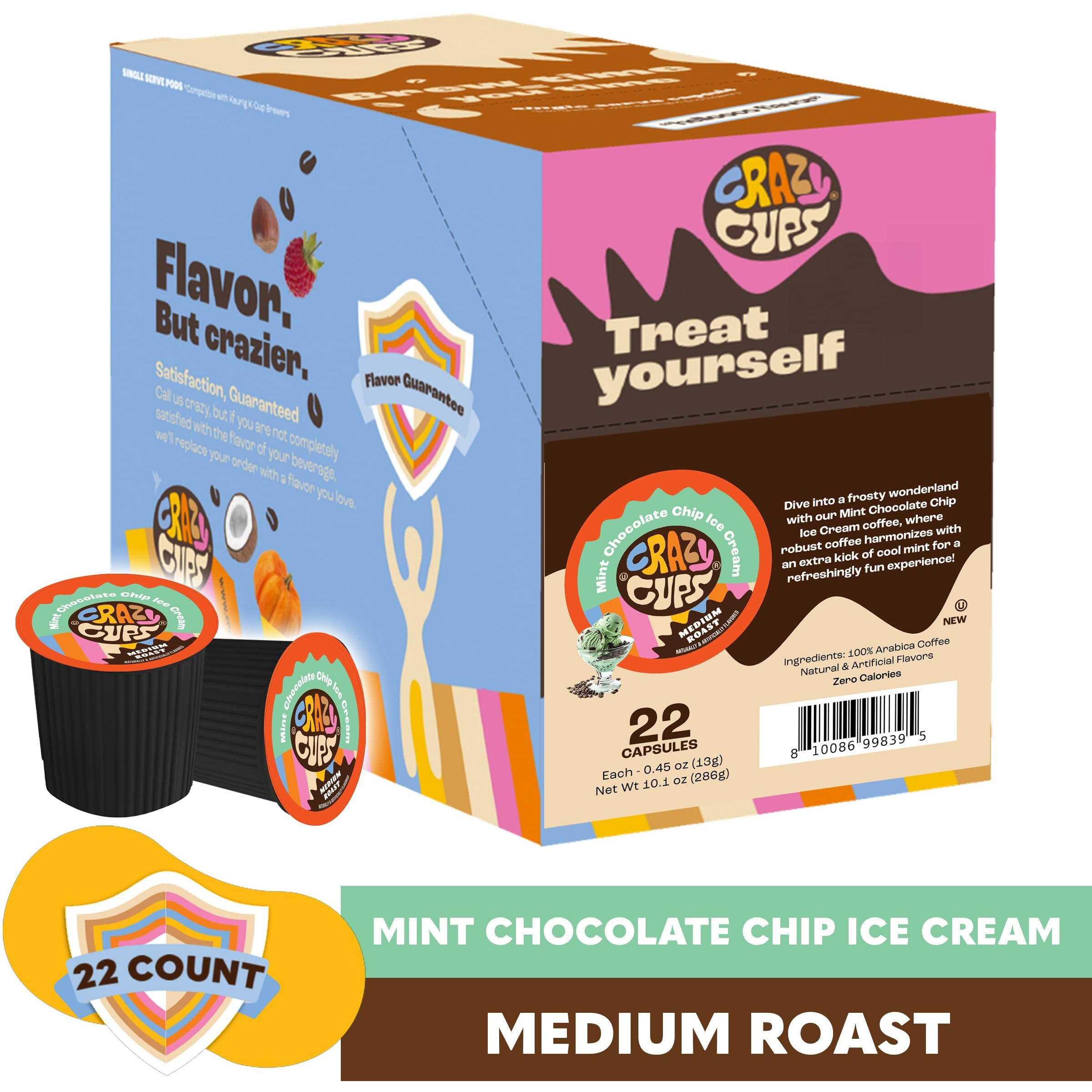 Crazy Cup Chocolate Coffee Pods, Mint Chocolate Chip Ice Cream Coffee Pods For K Cup Keurig Machines, Brew Hot Or Iced, 22 Count