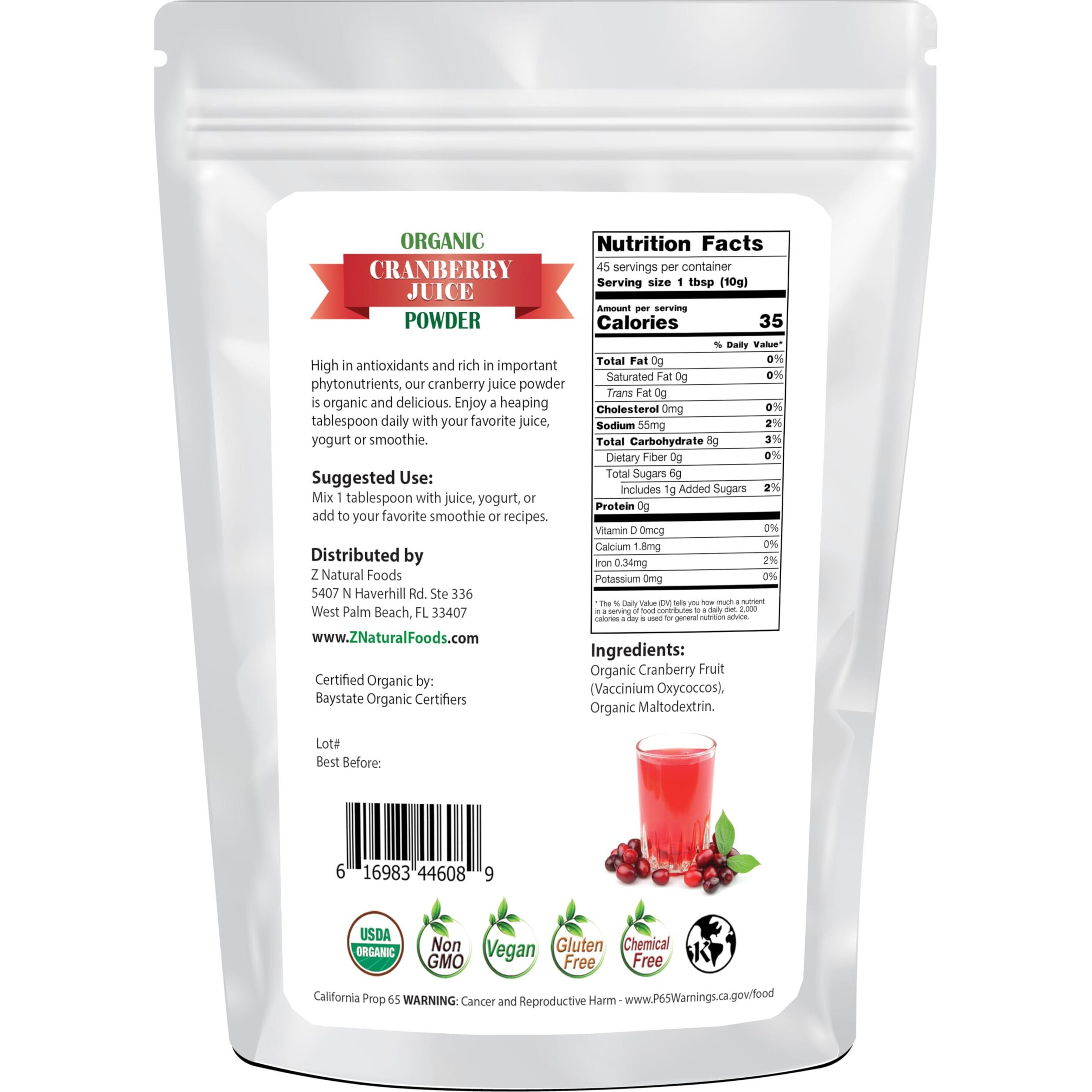 Z Natural Foods Organic Cranberry Juice Powder, Nutrient-Packed Superfood Powder, Perfect For Smoothies, Tea, Juice, Cooking, And Baking, Vegan, Non-Gmo, Gluten-Free, 1 Lb