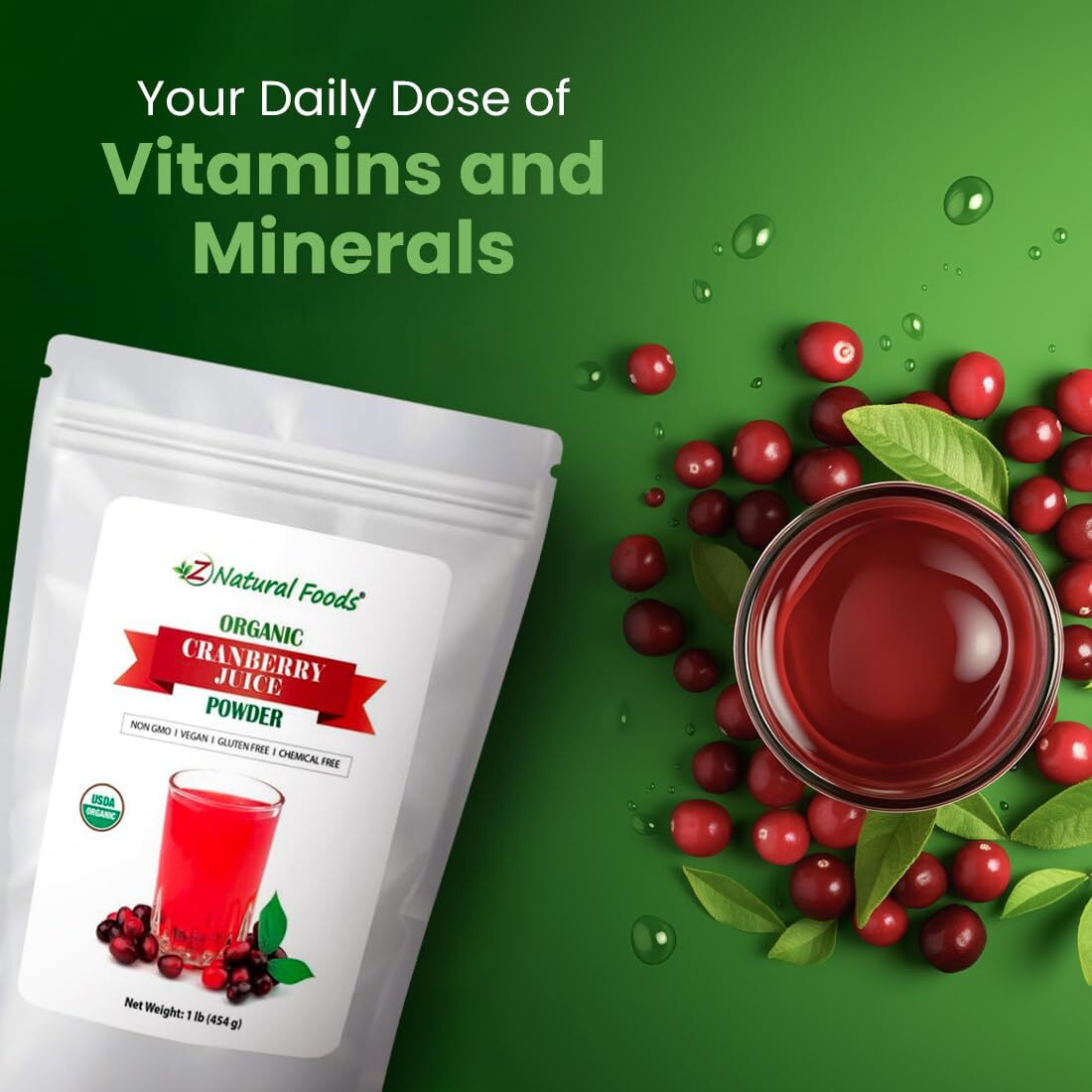 Z Natural Foods Organic Cranberry Juice Powder, Nutrient-Packed Superfood Powder, Perfect For Smoothies, Tea, Juice, Cooking, And Baking, Vegan, Non-Gmo, Gluten-Free, 1 Lb