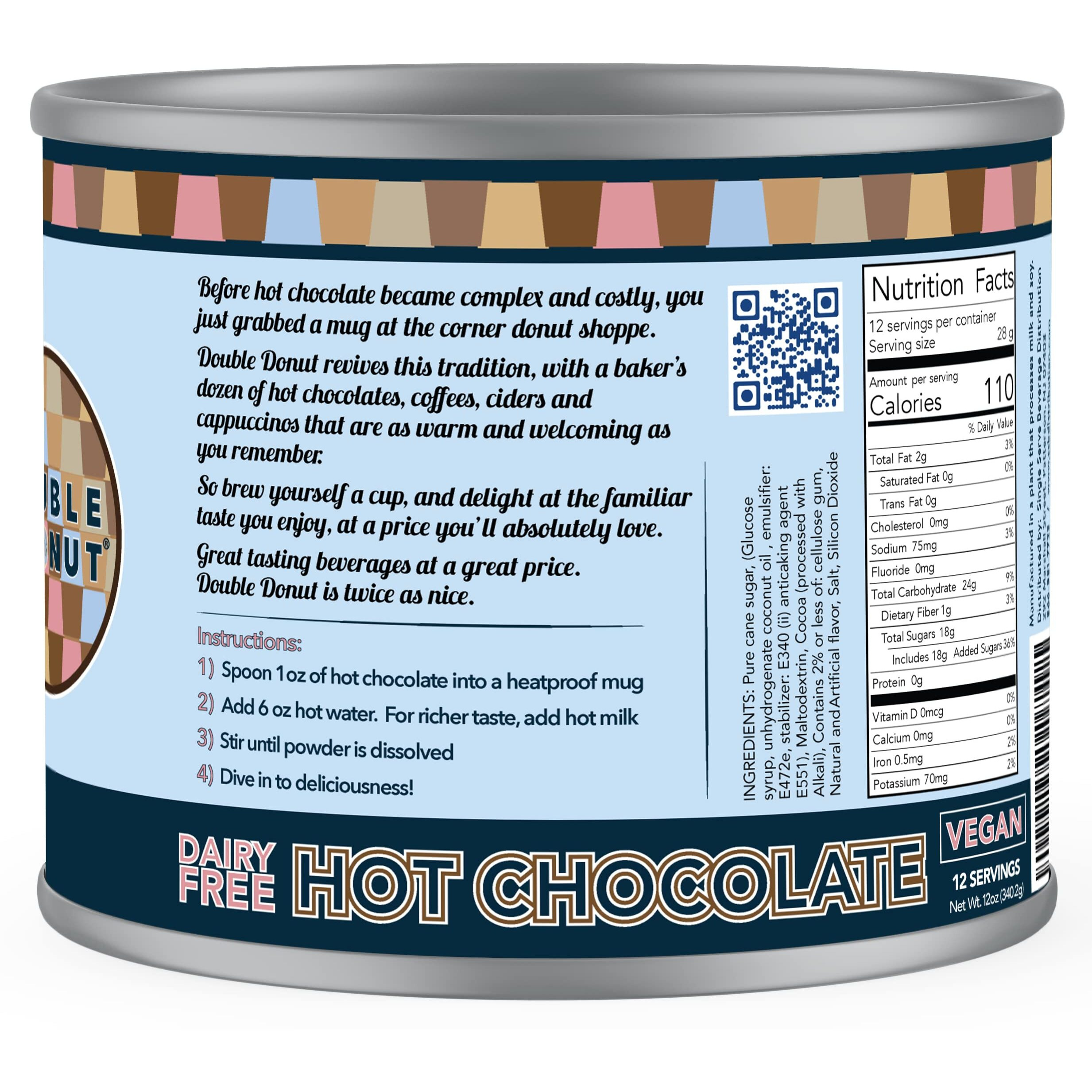 Double Donut Dairy Free Hot Chocolate Mix, Non Dairy Instant Vegan Hot Chocolate Mix, 12 Ounce