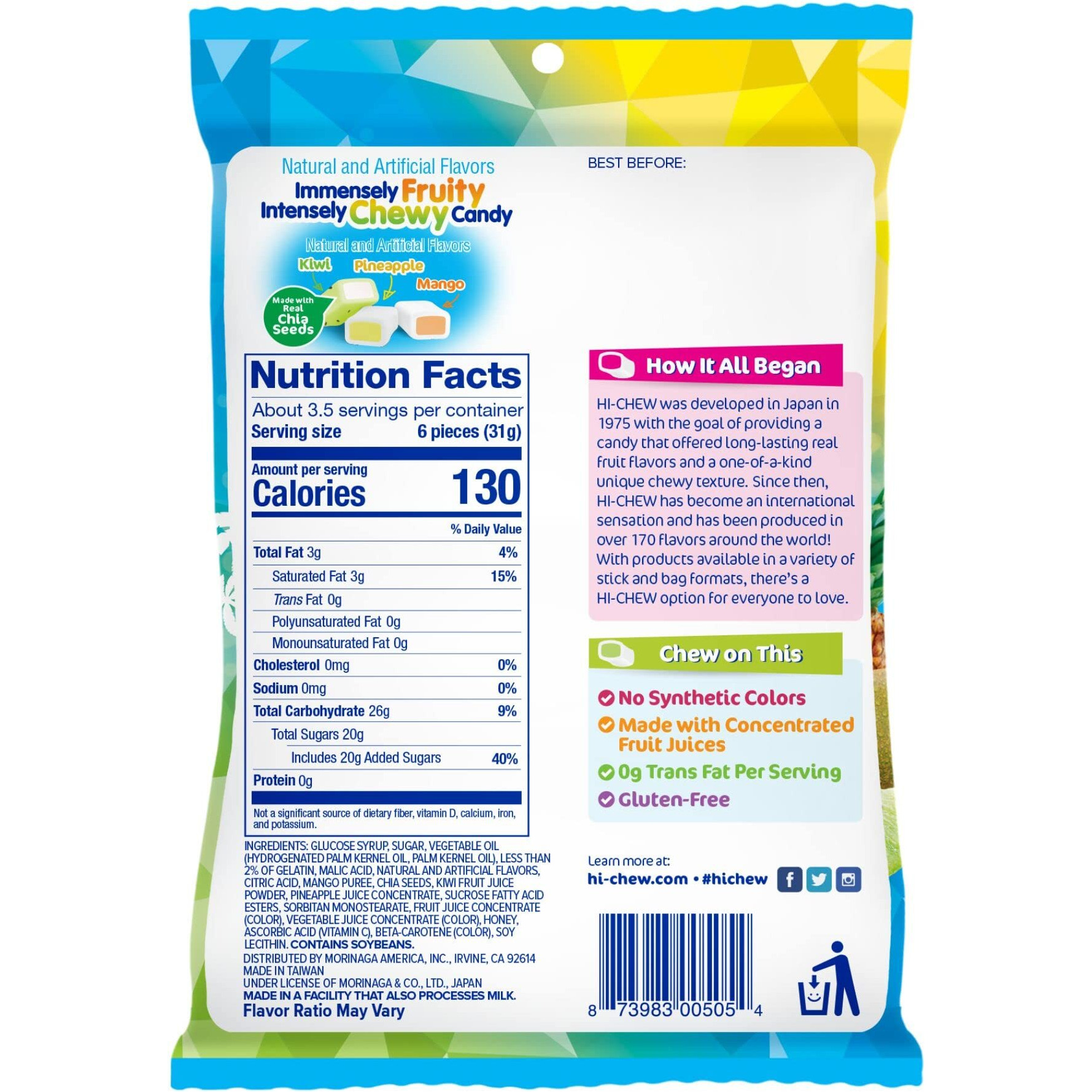 Hi-Chew Tropical Mix, 6 Bags, 3.53Oz Each, Kiwi Pineapple Mango Taffy Candy