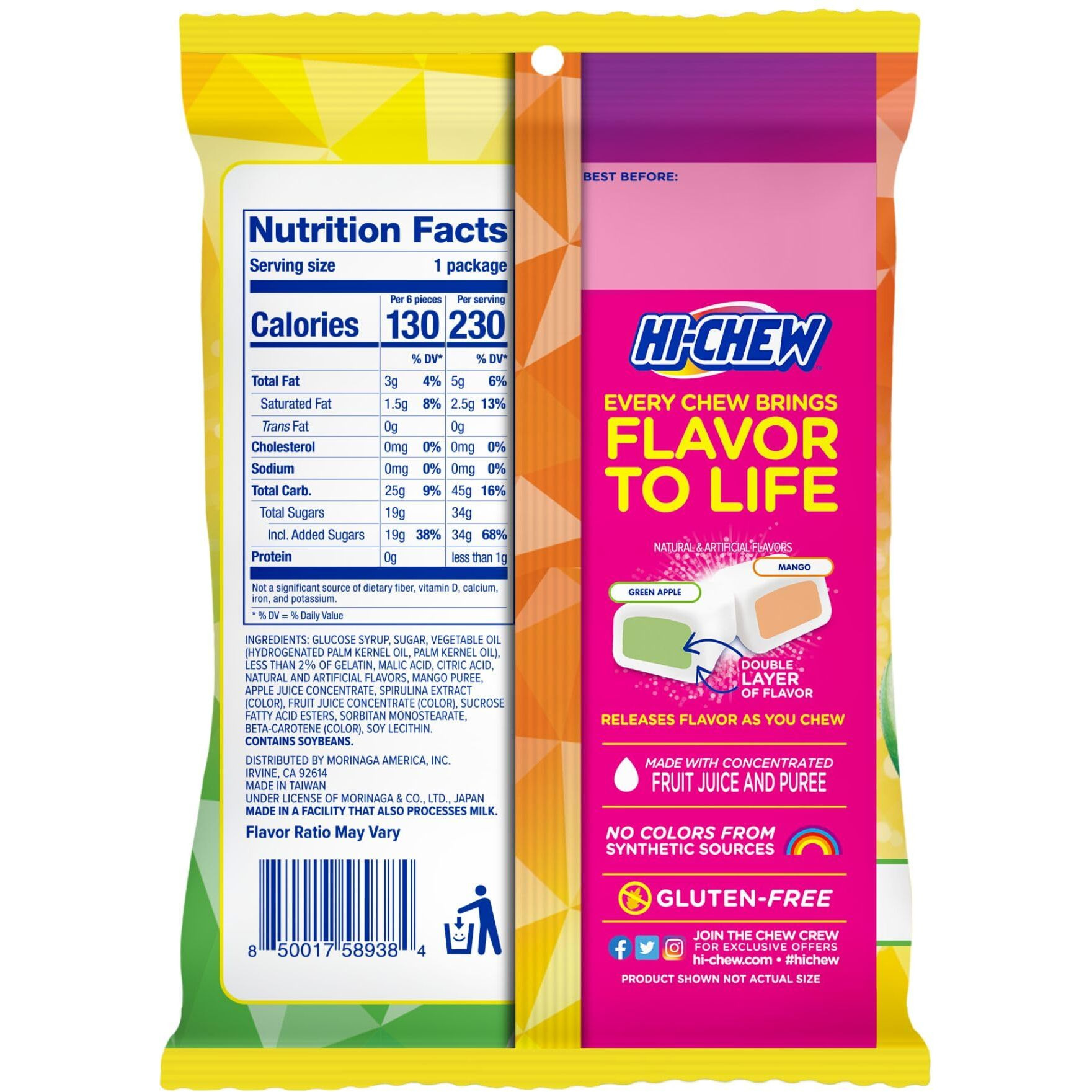 Hi-Chew Green Apple & Mango Mix, Pack Of 8 Bags, 1.94Oz Each - Green Apple & Mango, Unique Fun Soft & Chewy Taffy Candy - Immensely Juicy Fruit Flavors - Individually Wrapped For Sharing