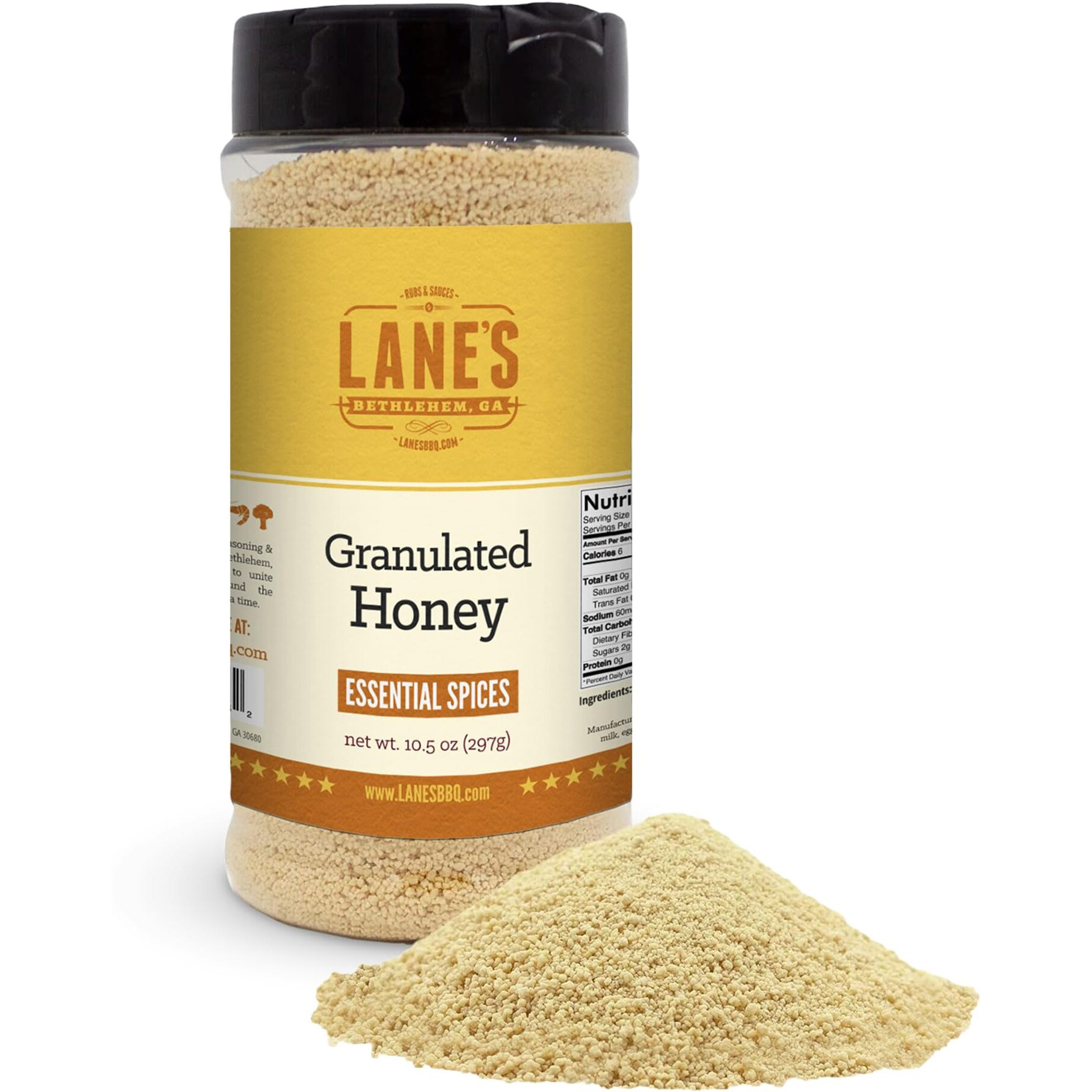 Lane's Granulated Honey Seasoning, All-Natural Caramelized Granulated Powdered Honey Dust Blend With Honey Sugar Cane, No Msg, Made In Usa, 10.5 Oz