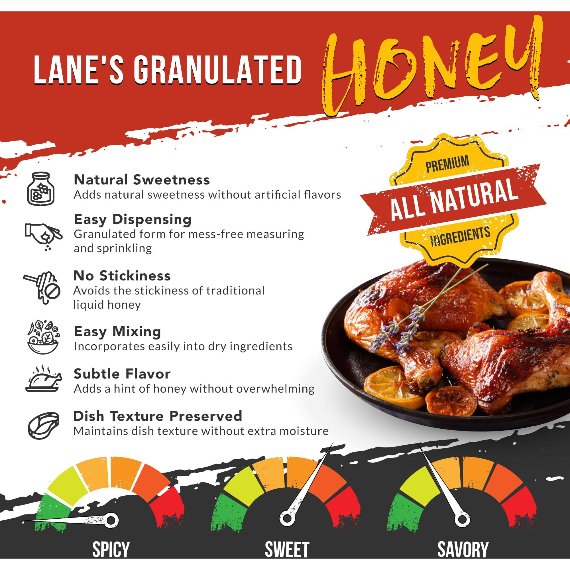 Lane's Granulated Honey Seasoning, All-Natural Caramelized Granulated Powdered Honey Dust Blend With Honey Sugar Cane, No Msg, Made In Usa, 10.5 Oz