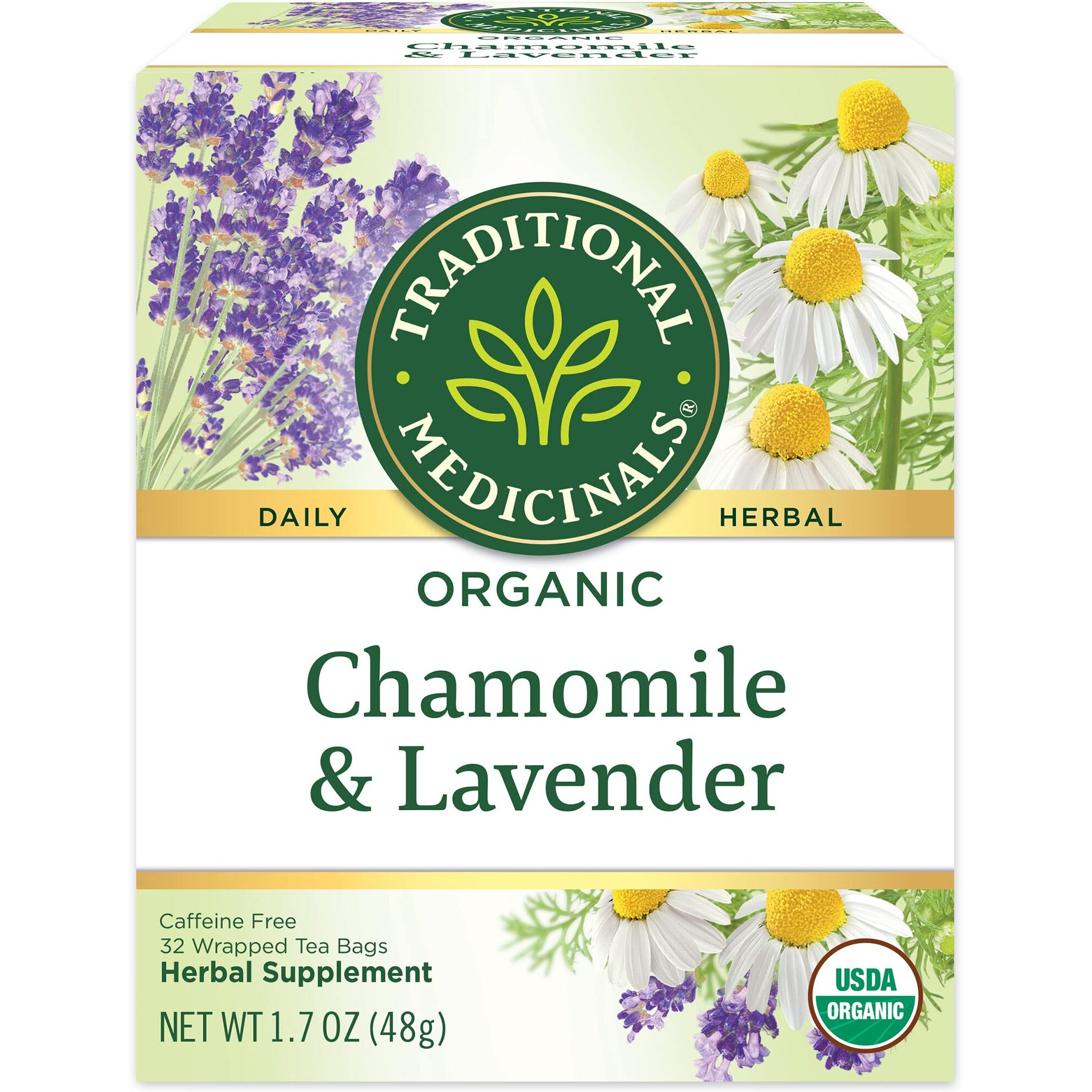 Traditional Medicinals Organic Chamomile & Lavender Herbal Tea, Settles Nervous System, (Pack Of 4) - 64 Tea Bags Total