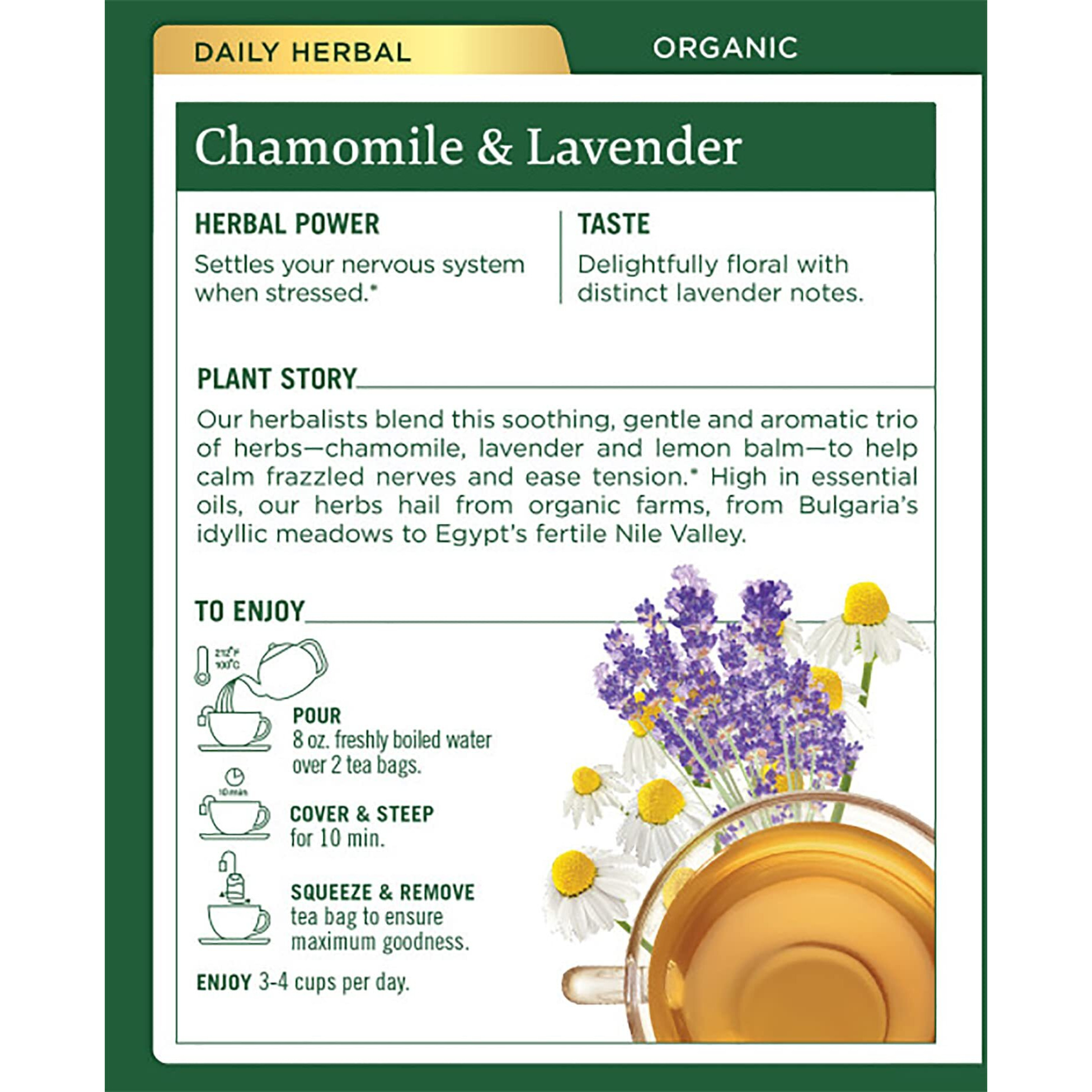 Traditional Medicinals Organic Chamomile & Lavender Herbal Tea, Settles Nervous System, (Pack Of 4) - 64 Tea Bags Total