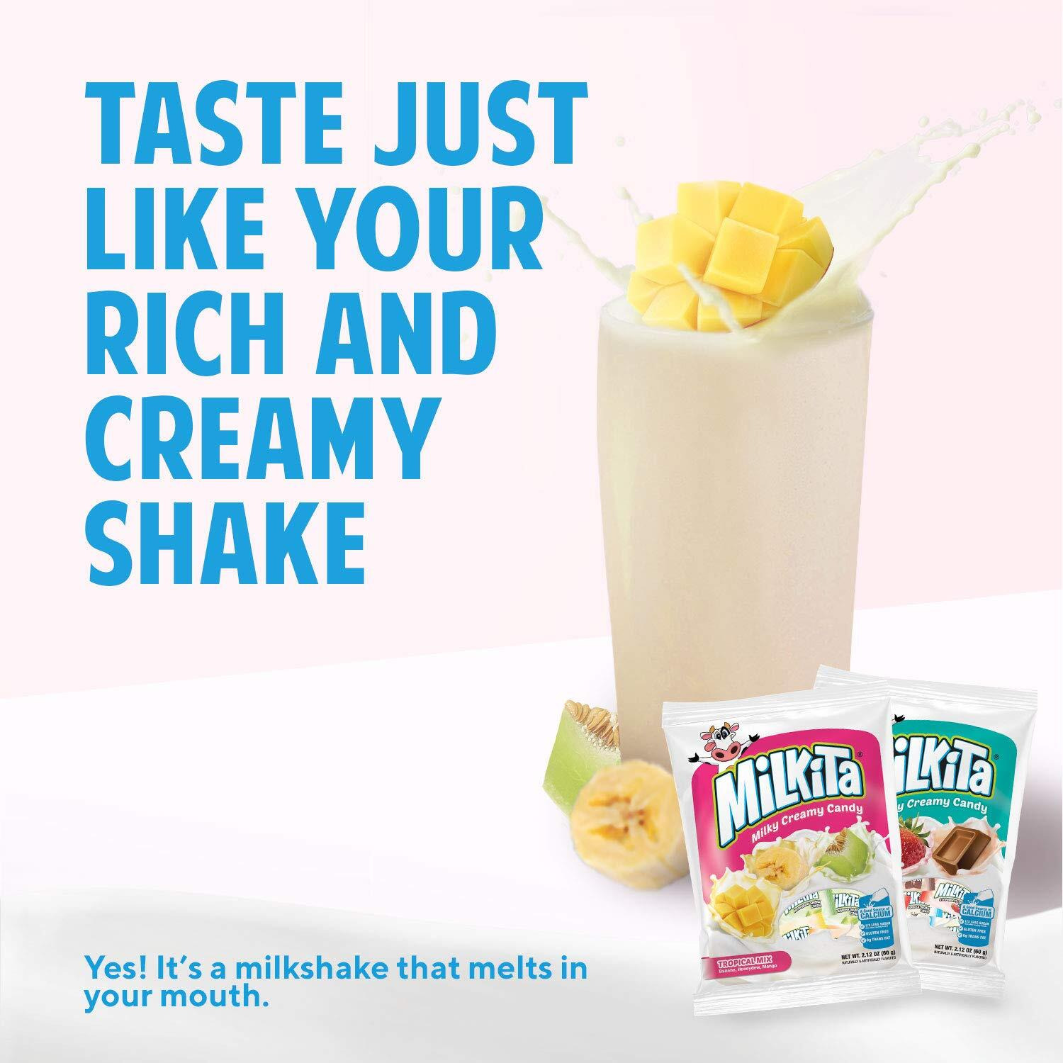 Milkita Creamy Shake Candy Pack Of 4, Gluten Free Chewy Candies With Calcium & Real Milk, Zero Trans Fat, Low-Sugar, Assorted Neapolitan Flavors (Vanilla, Strawberry, Chocolate) & Tropical Flavors (Banana, Honeydew, Mango), 120 Pcs