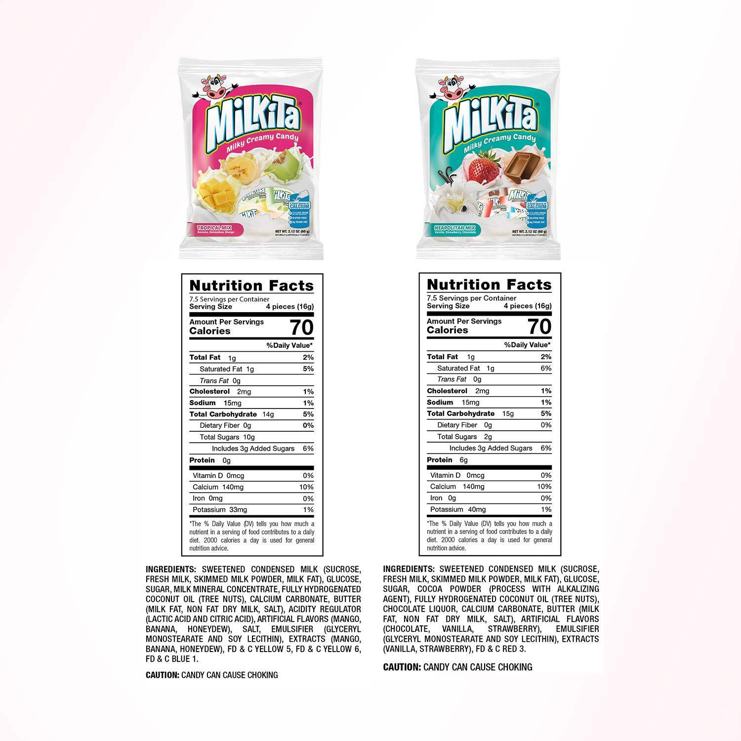 Milkita Creamy Shake Candy Pack Of 4, Gluten Free Chewy Candies With Calcium & Real Milk, Zero Trans Fat, Low-Sugar, Assorted Neapolitan Flavors (Vanilla, Strawberry, Chocolate) & Tropical Flavors (Banana, Honeydew, Mango), 120 Pcs