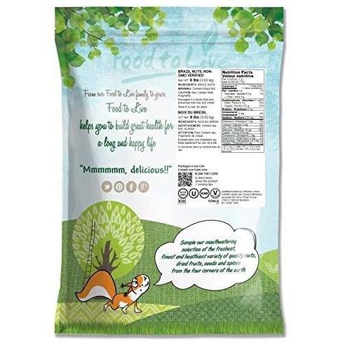 Food To Live Raw Brazil Nuts, 8 Pound - Non-Gmo Verified, Raw, Whole, No Shell, Unsalted, Kosher, Vegan, Keto And Paleo Friendly, Bulk, Low Sodium And Low Carb Food, Great Trail Mix