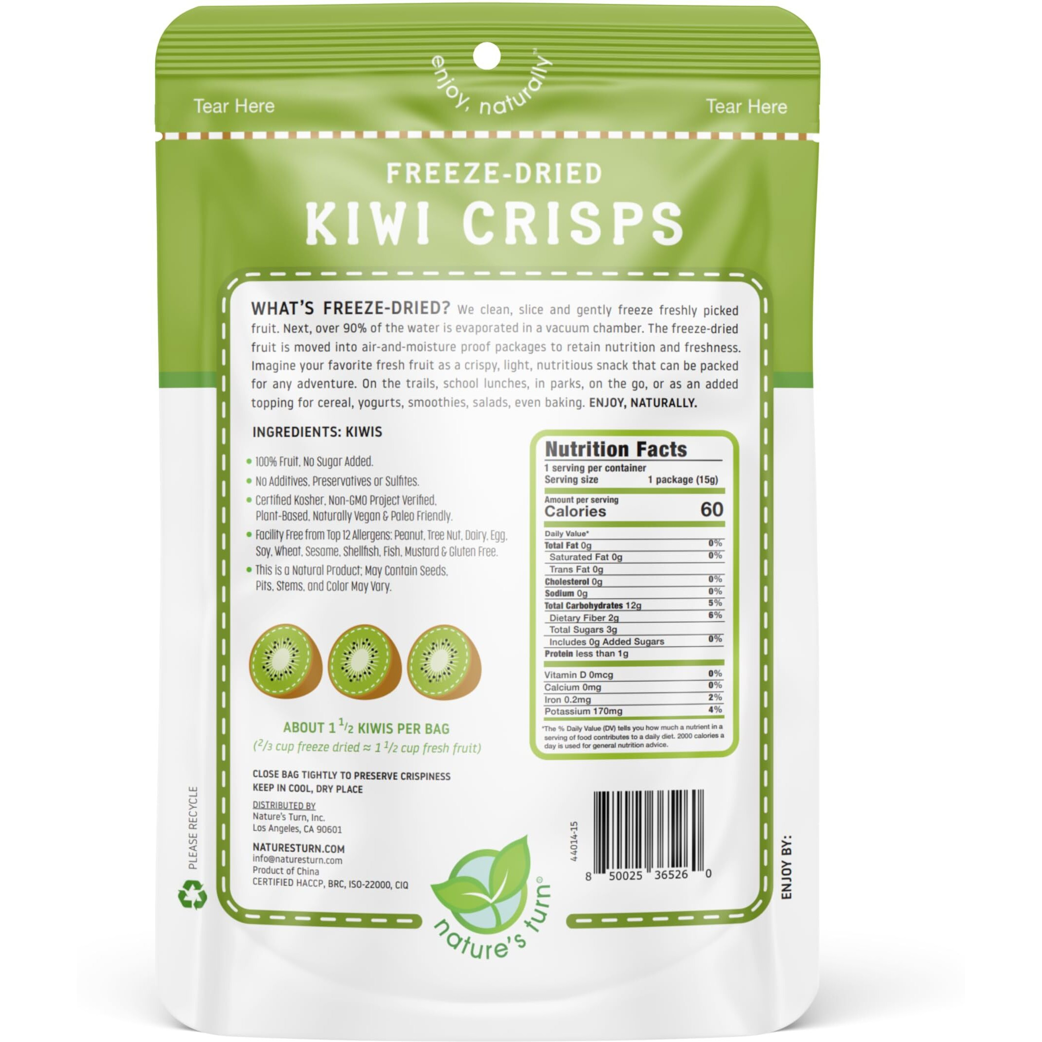 Natures Turn Freeze-Dried Fruit Snacks, Sour Kiwi Crisps, Pack Of 6 (0.53 Oz Each)