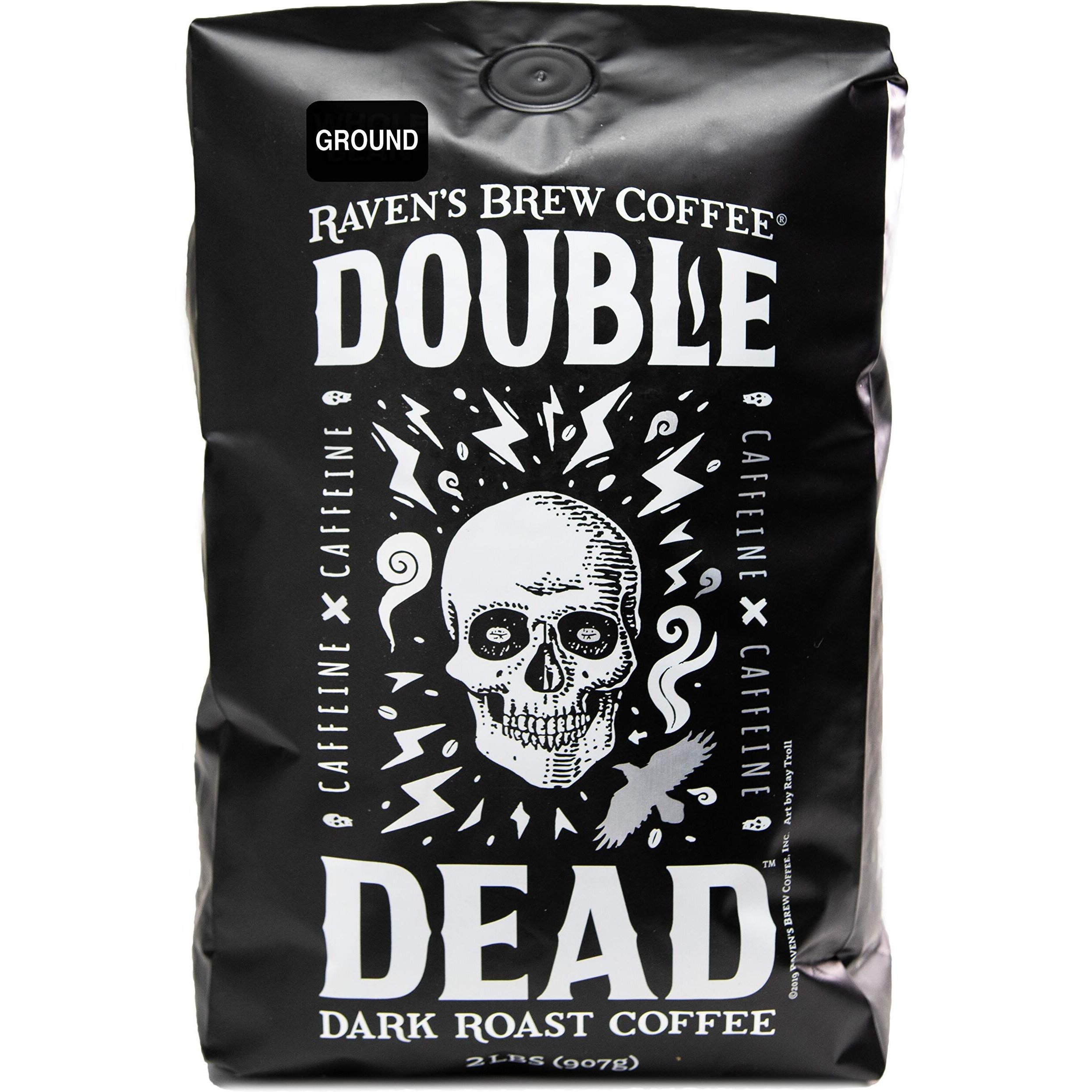 Ravens Brew Coffee - Double Dead - Dark Roast, Naturally High Caffeine (Ground, 2 Lb)