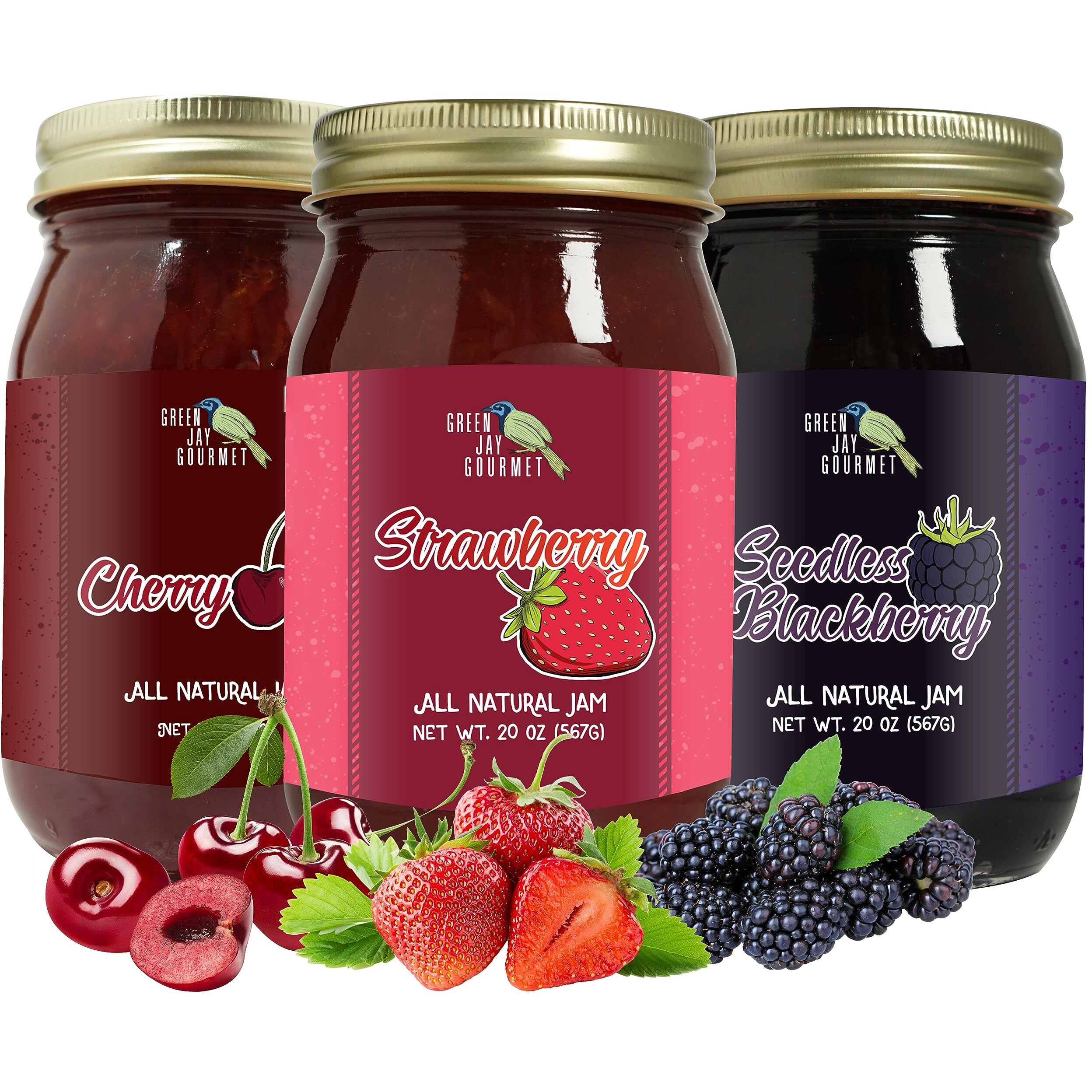 Green Jay Gourmet Classic Jam Collection - Cherry, Blackberry, & Strawberry Jam - All-Natural Fruit Jam Bundle - Vegan, Gluten-Free Jam - No Preservatives Or Corn Syrup - Made In Usa - 3 X 20 Ounces
