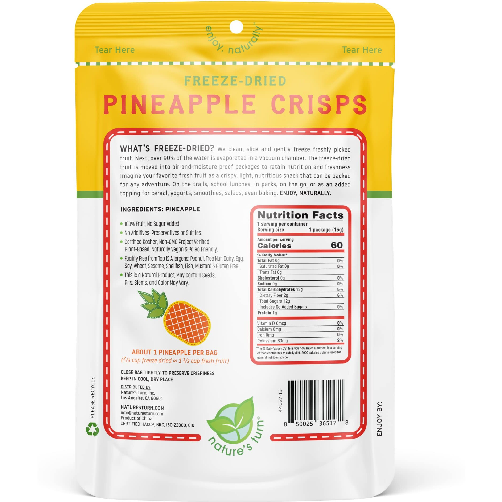 Natures Turn Freeze-Dried Fruit Snacks, Pineapple Crisps, Pack Of 12 (0.53 Oz Each)