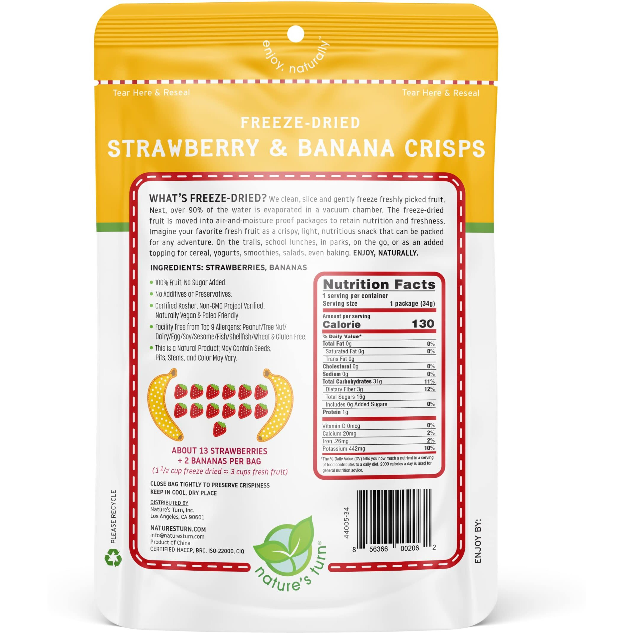Nature's Turn Freeze-Dried Fruit Snacks, Strawberry Banana Crisps, Pack Of 6 (1.2 Oz Each)