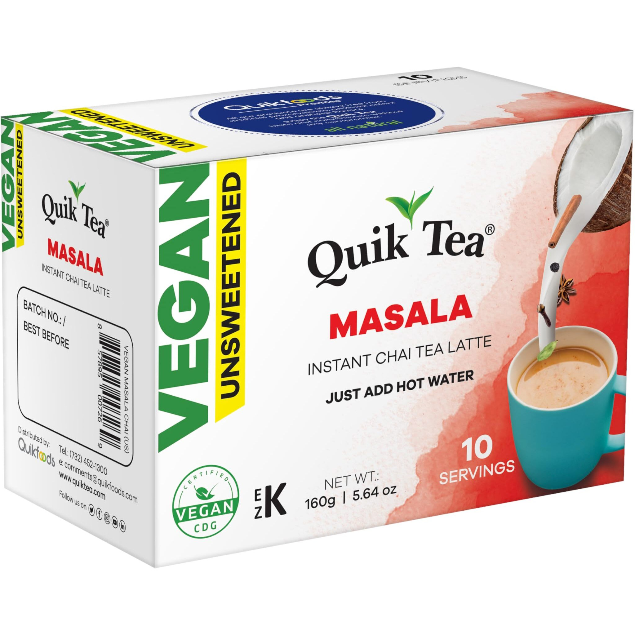 Quiktea Vegan Unsweetened Masala Instant Chai Tea Latte - 10 Count Single Box - Convenient, Easy Ayurvedic Dairy Free Alternative - All Natural Non Gmo Superfood
